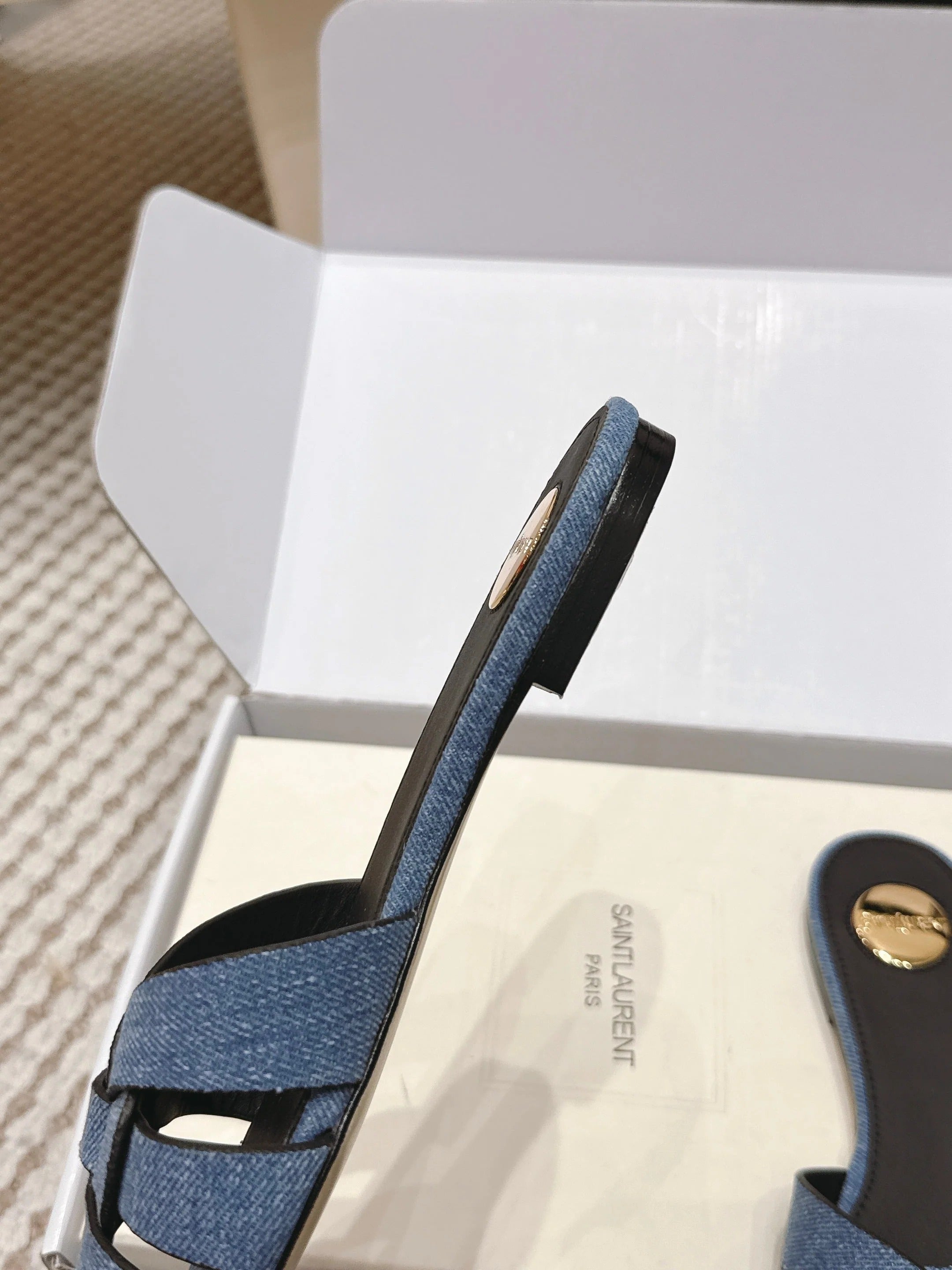 YSL 26ss Flat Slippers Blue Denim Leather 654727