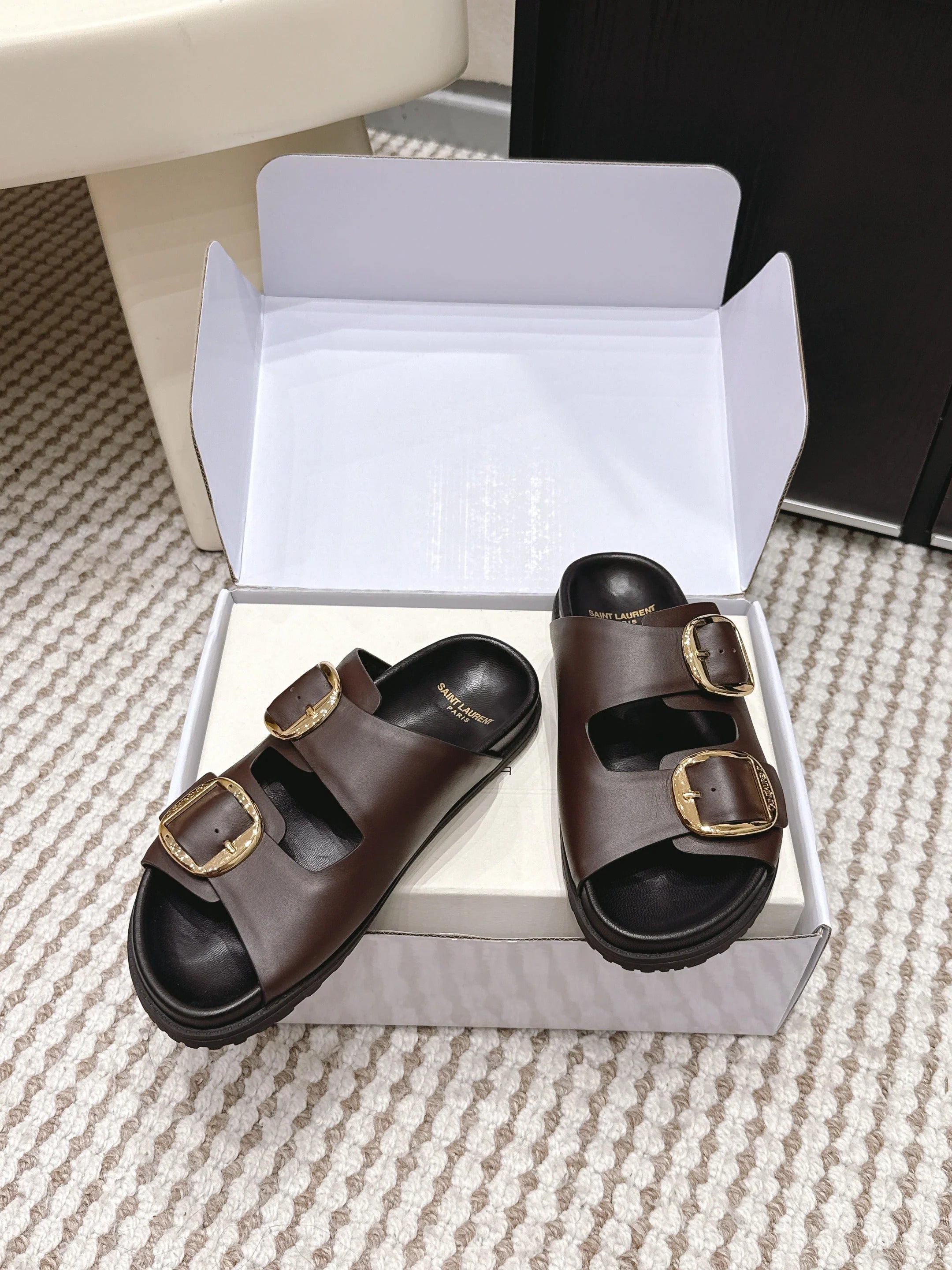 YSL 26ss Platform Slippers Black Dark Brown Sheepskin 663208