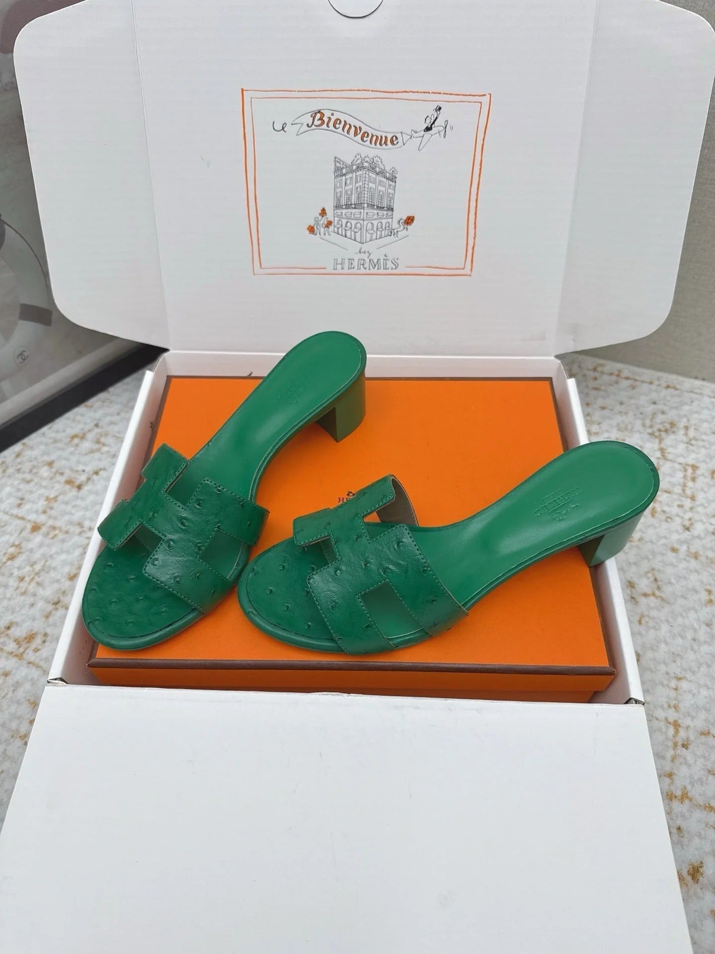 HM 26ss Oran Sandals 50 Dark Green Ostrich Leather 625134