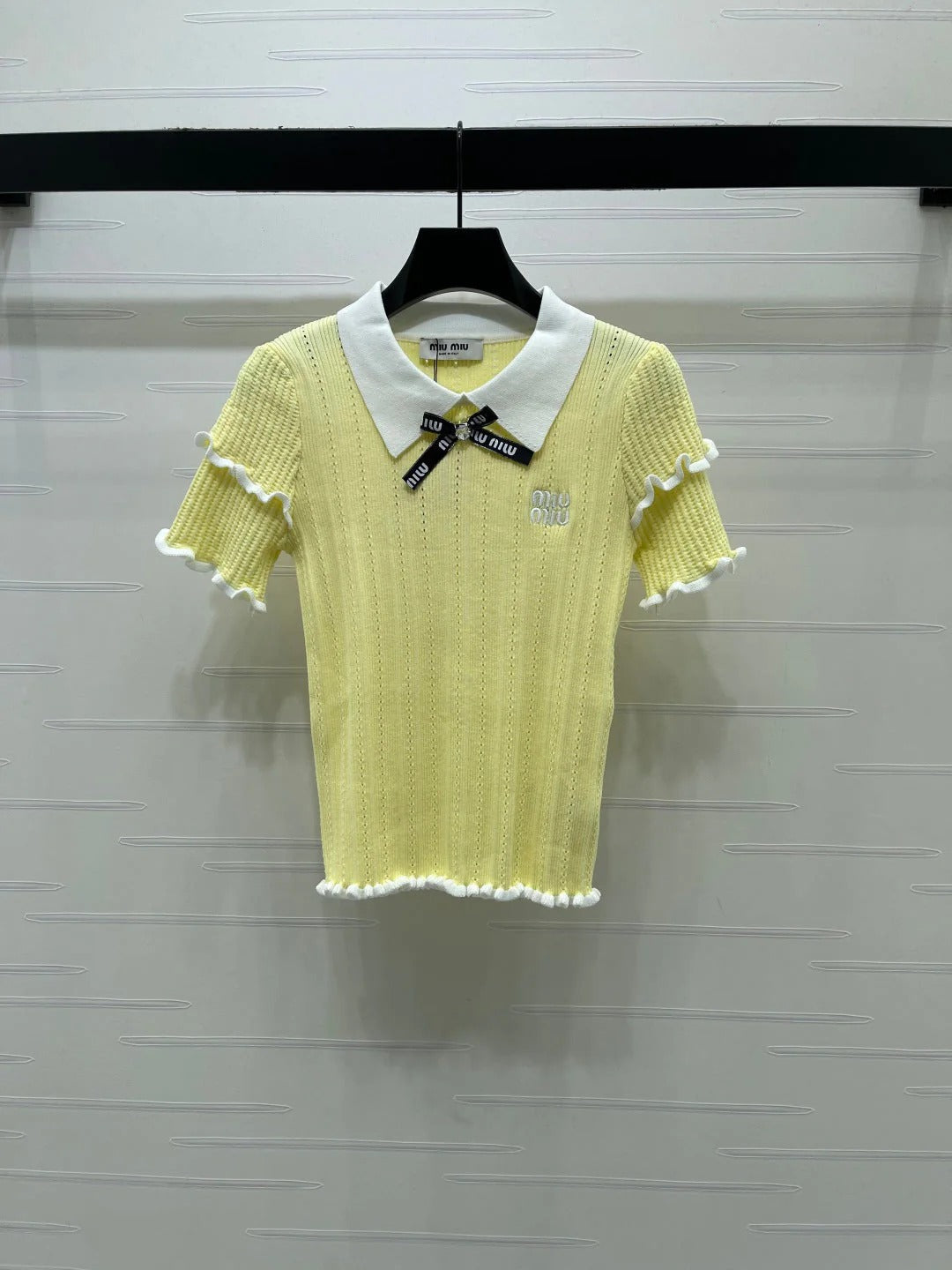 Miumiu 2026 Knitted Polo Shirt With Black Bow Wool Cashmere 414394