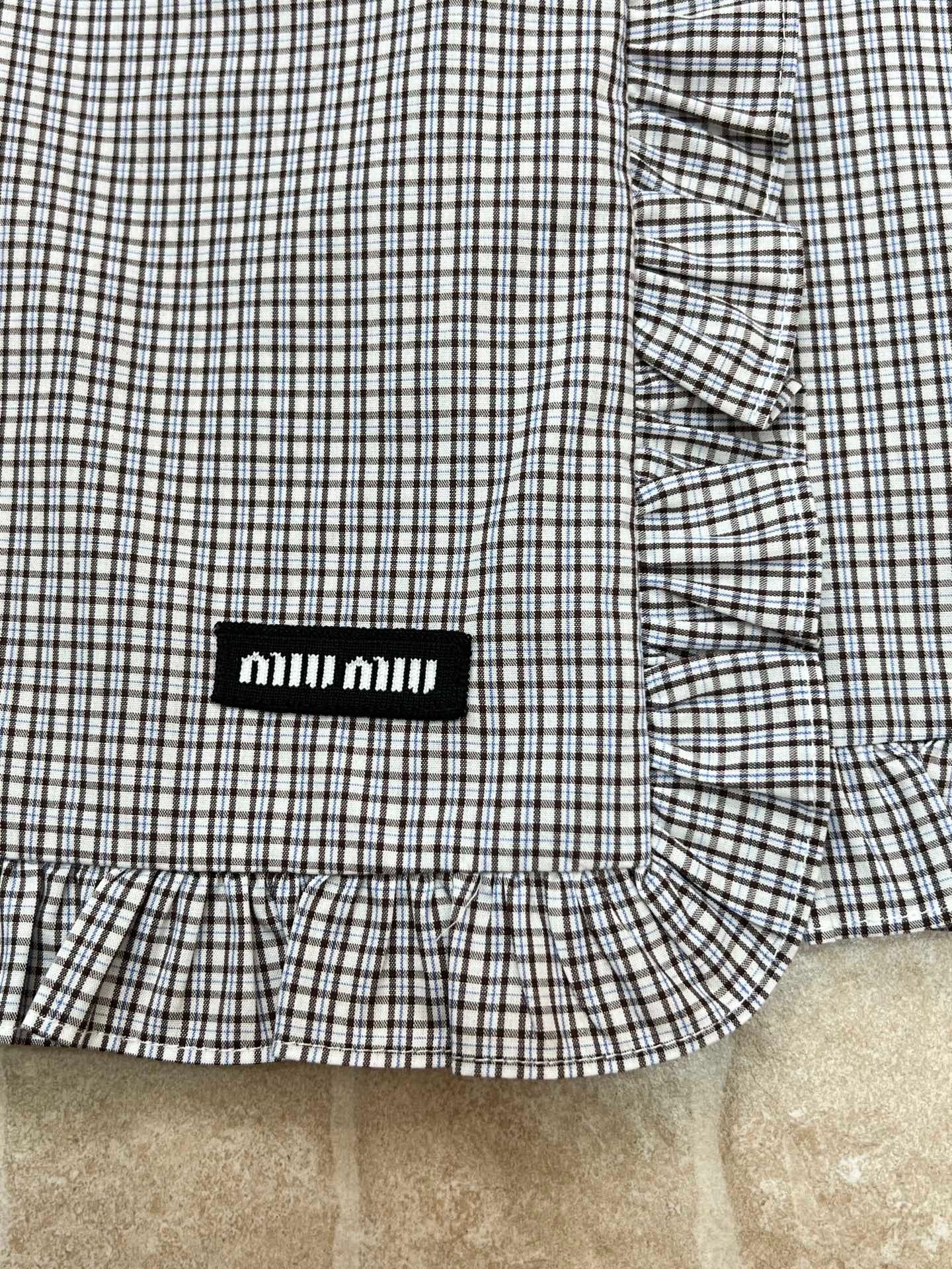 Miumiu 2026 Plaid Ruffled Hem Skirt Grey Cotton 434133