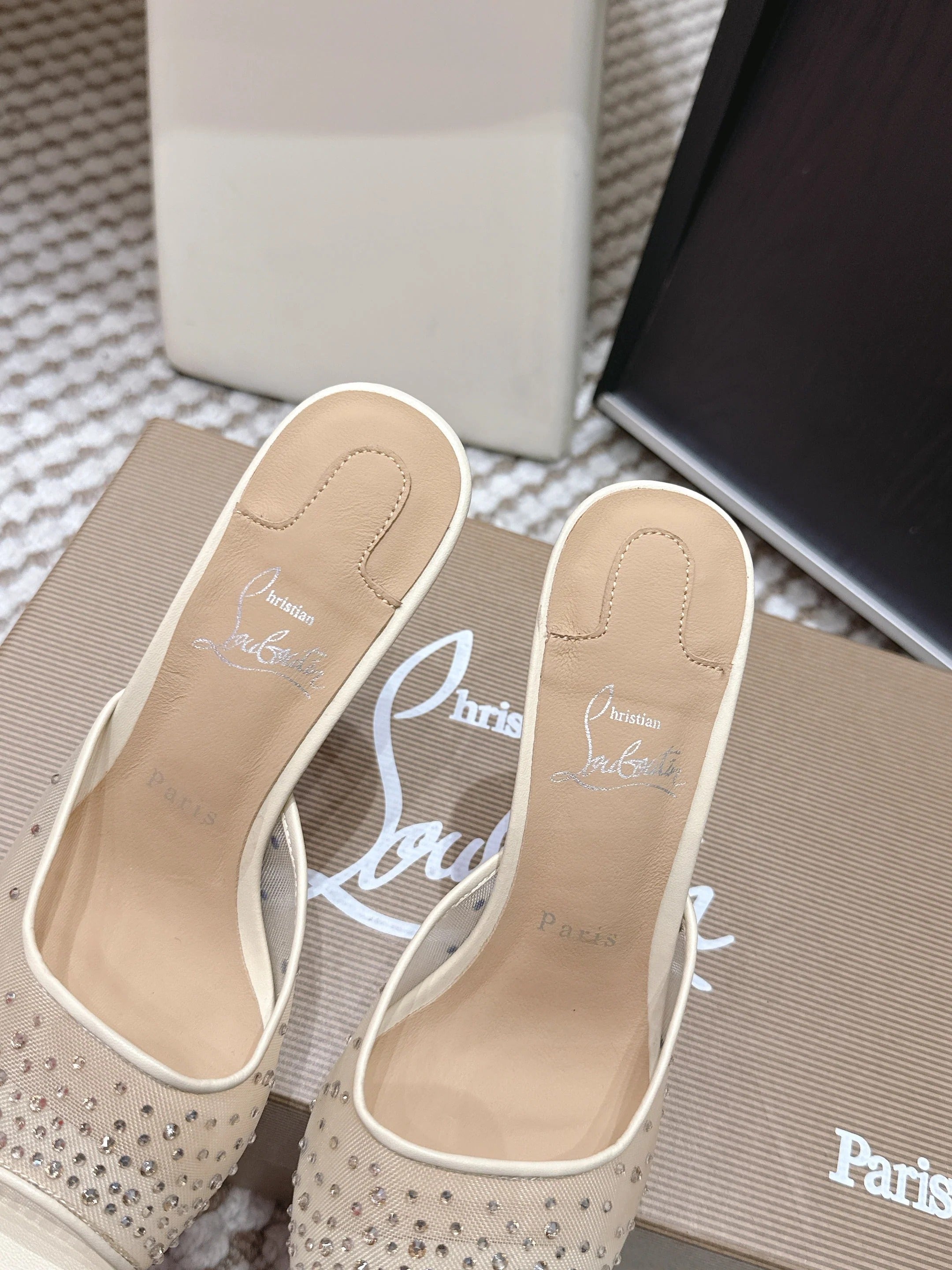 CL 26SS High-Heeled Slippers 100 Beige Mesh Rhinestone Leather 658055