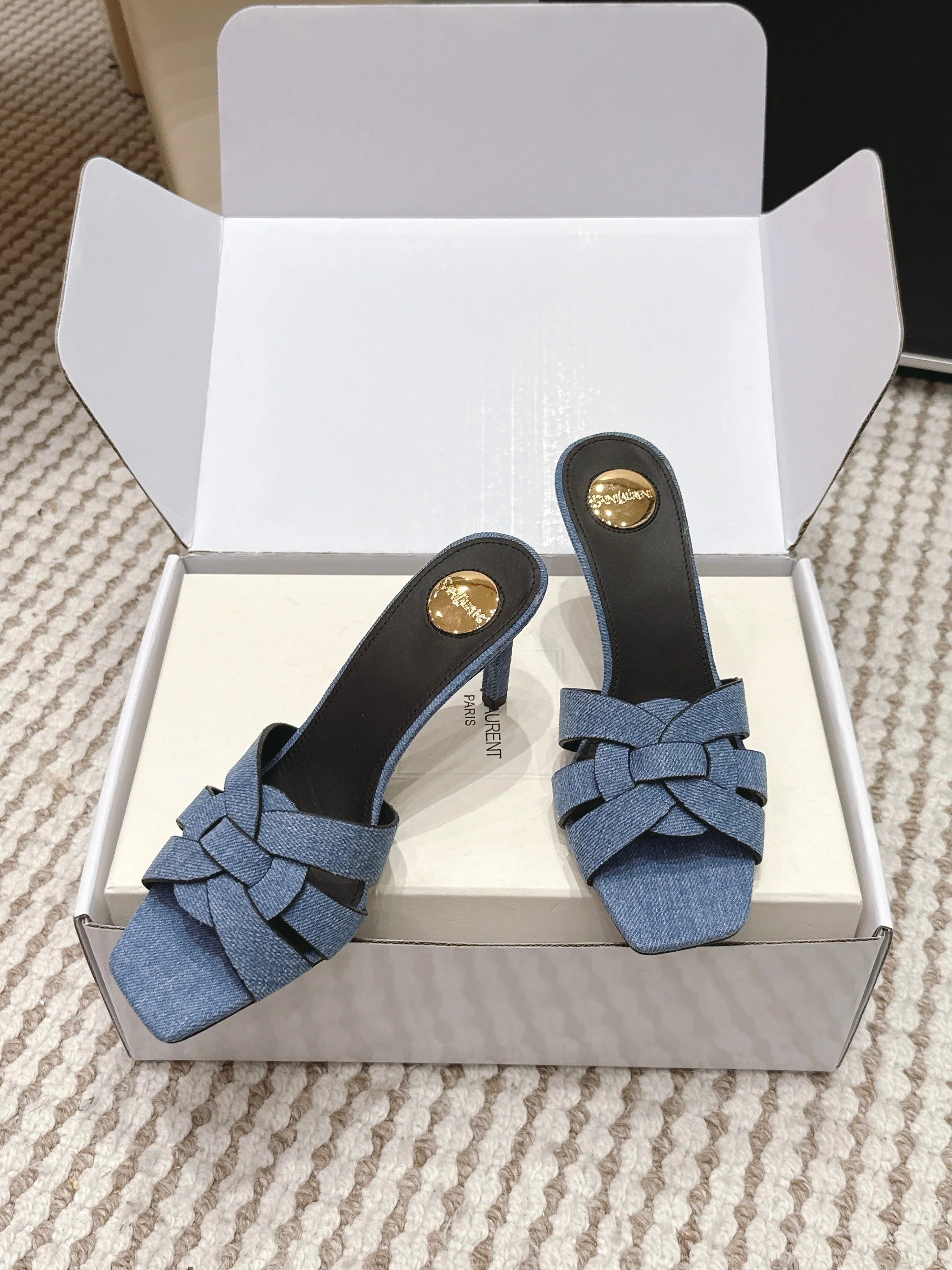 YSL 26ss High-Heeled Slippers 75 Blue Black Denim Calfskin 654747