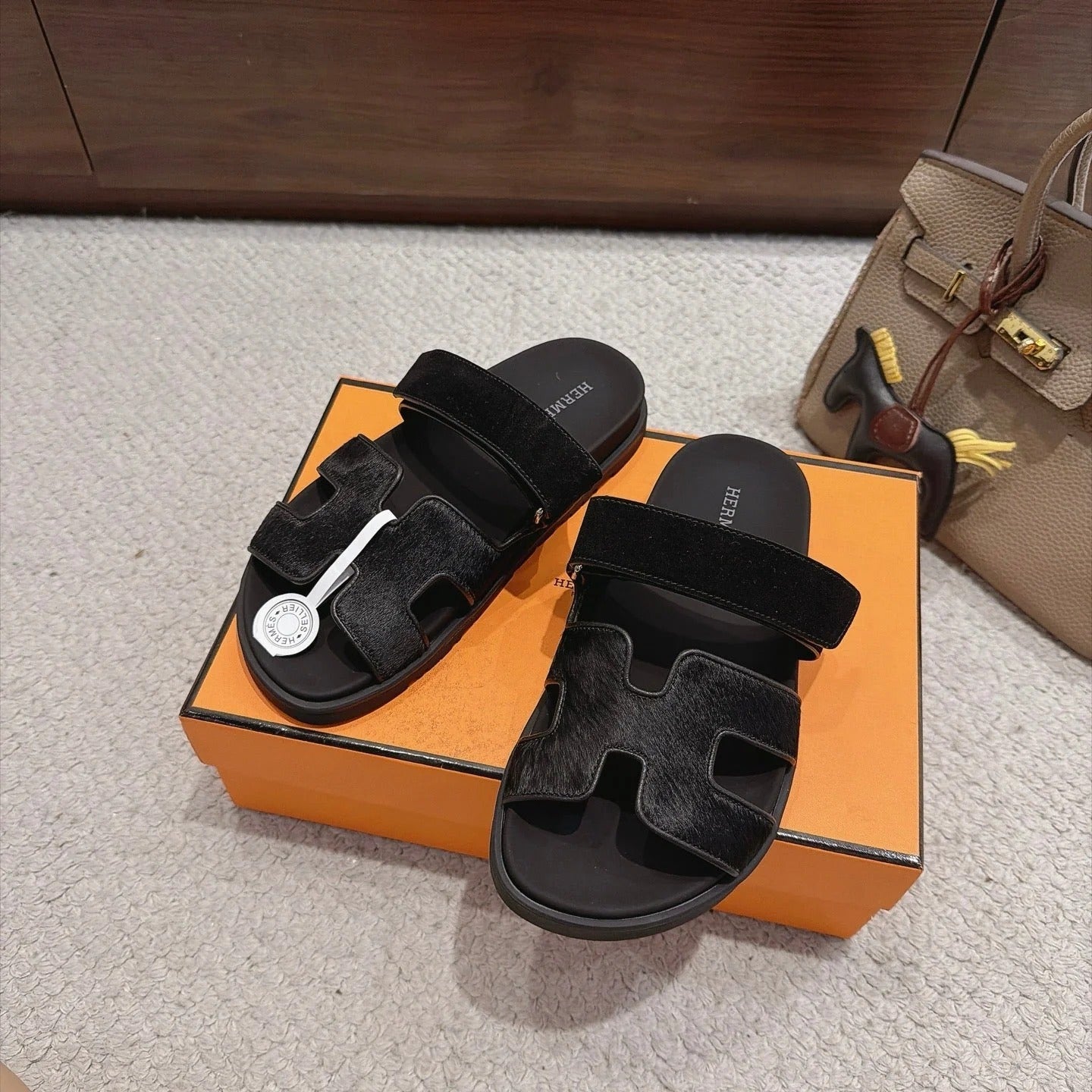 Hermes 2026 Chypre Sandal Black Moire Calfskin And Suede Goatskin 960078
