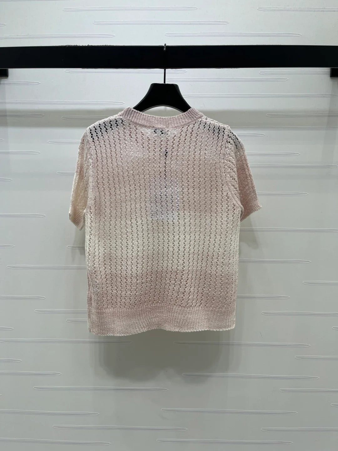 Chanel 2026 Short-sleeve Openwork Knit Sweater Blue and Pink Wool Polyester