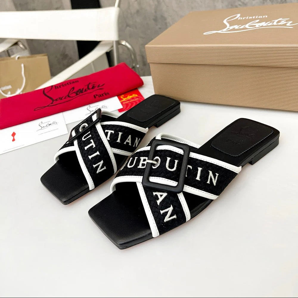 Christian Louboutin 2026 Crossimule Flat Slides Canvas Leather 780389