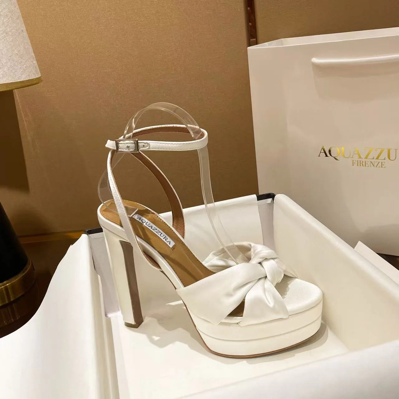 Aquazzura 2025 Cupid 130 Plateau Sandal White Silk Leather