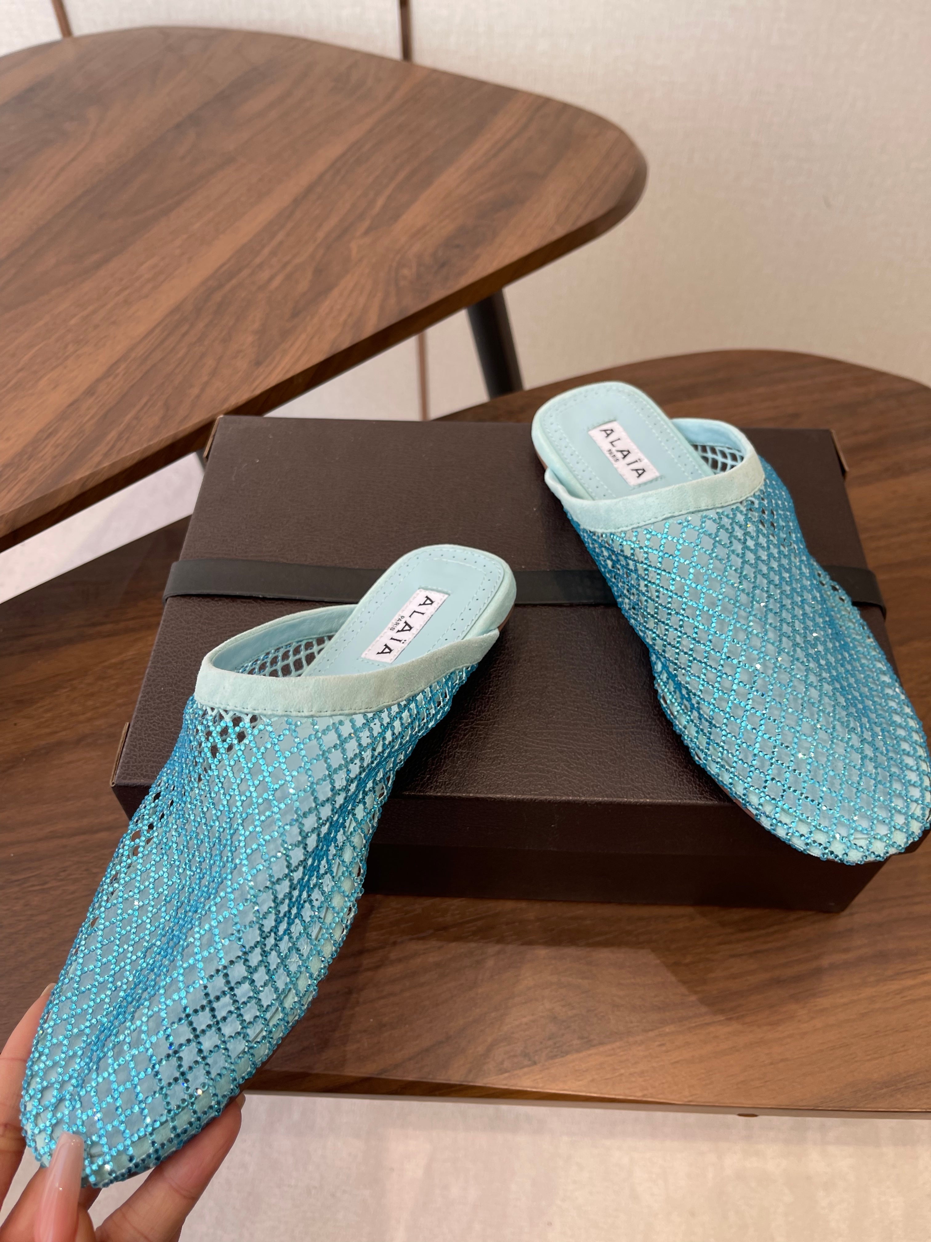 Alaia 26 Half-Slippers Blue Mesh Rhinestones 624905