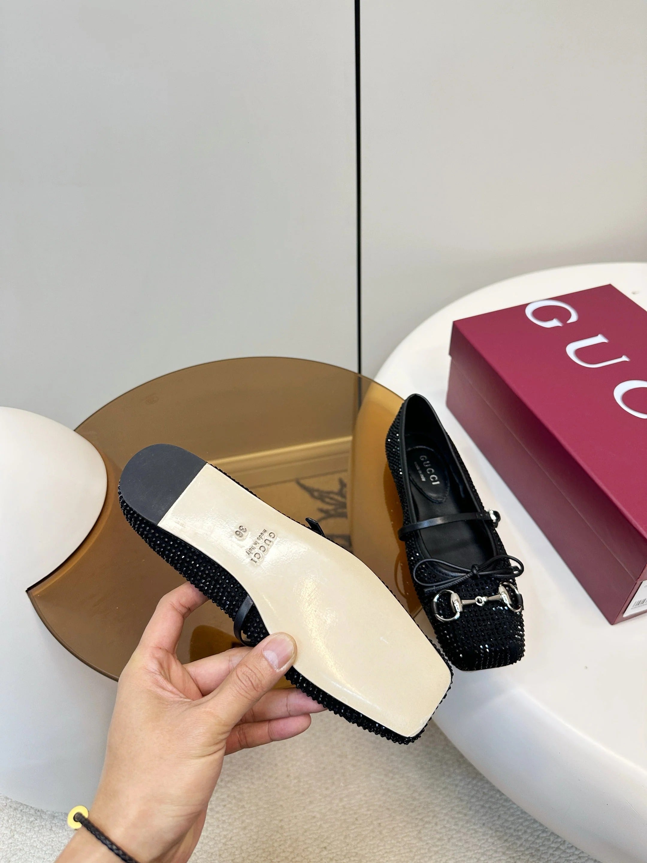 GG 26SS Ballet Flats Rhinestone Burgundy Sheepskin 645703