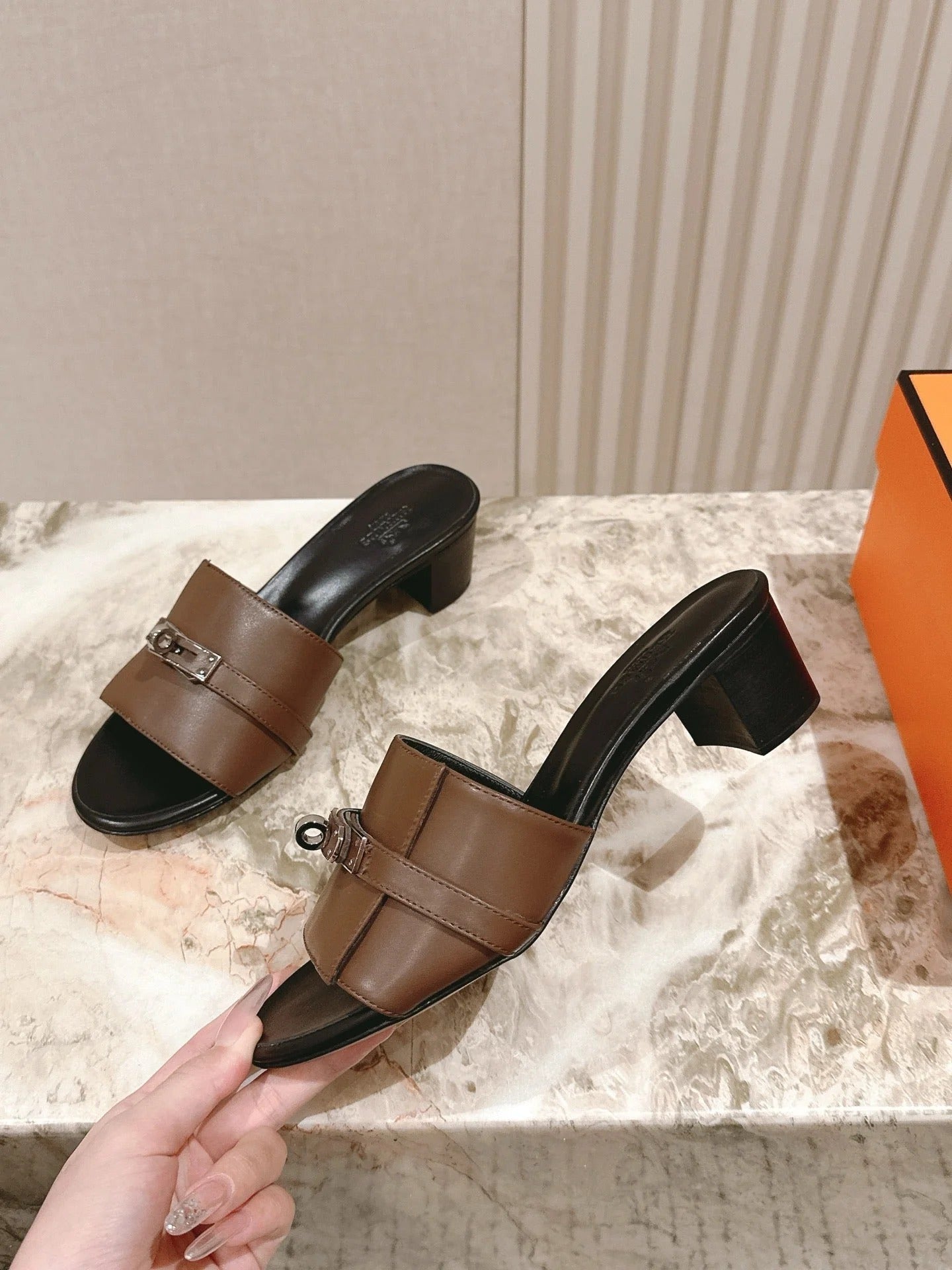 HM 2026 High Heel Slippers 65 Black Brown Calfskin 655858