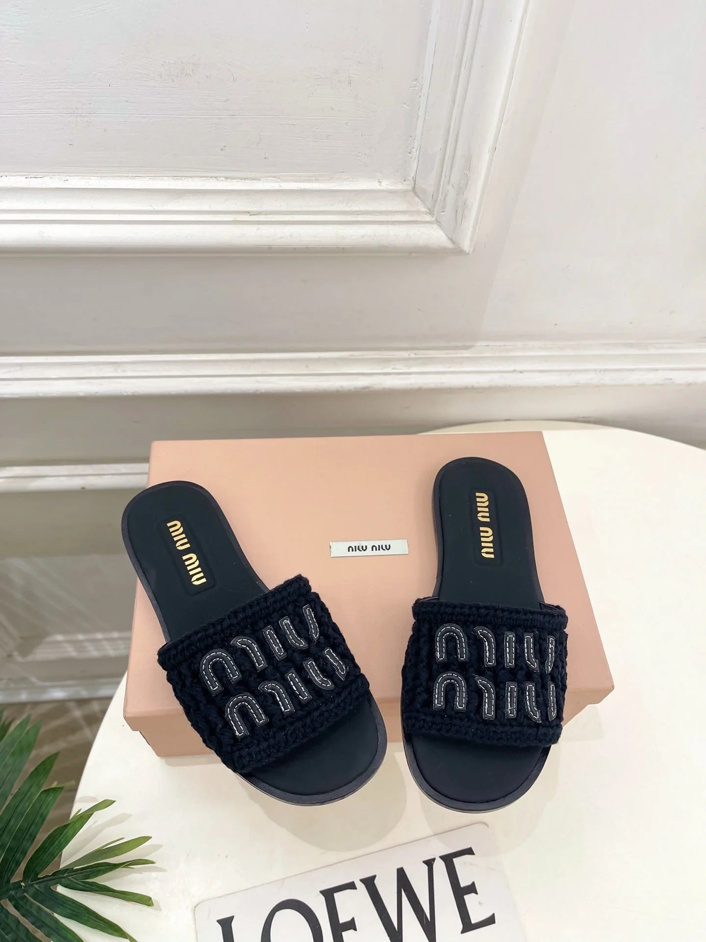 MIU Flat Slippers Black Knitted Fabric Sheepskin 631914