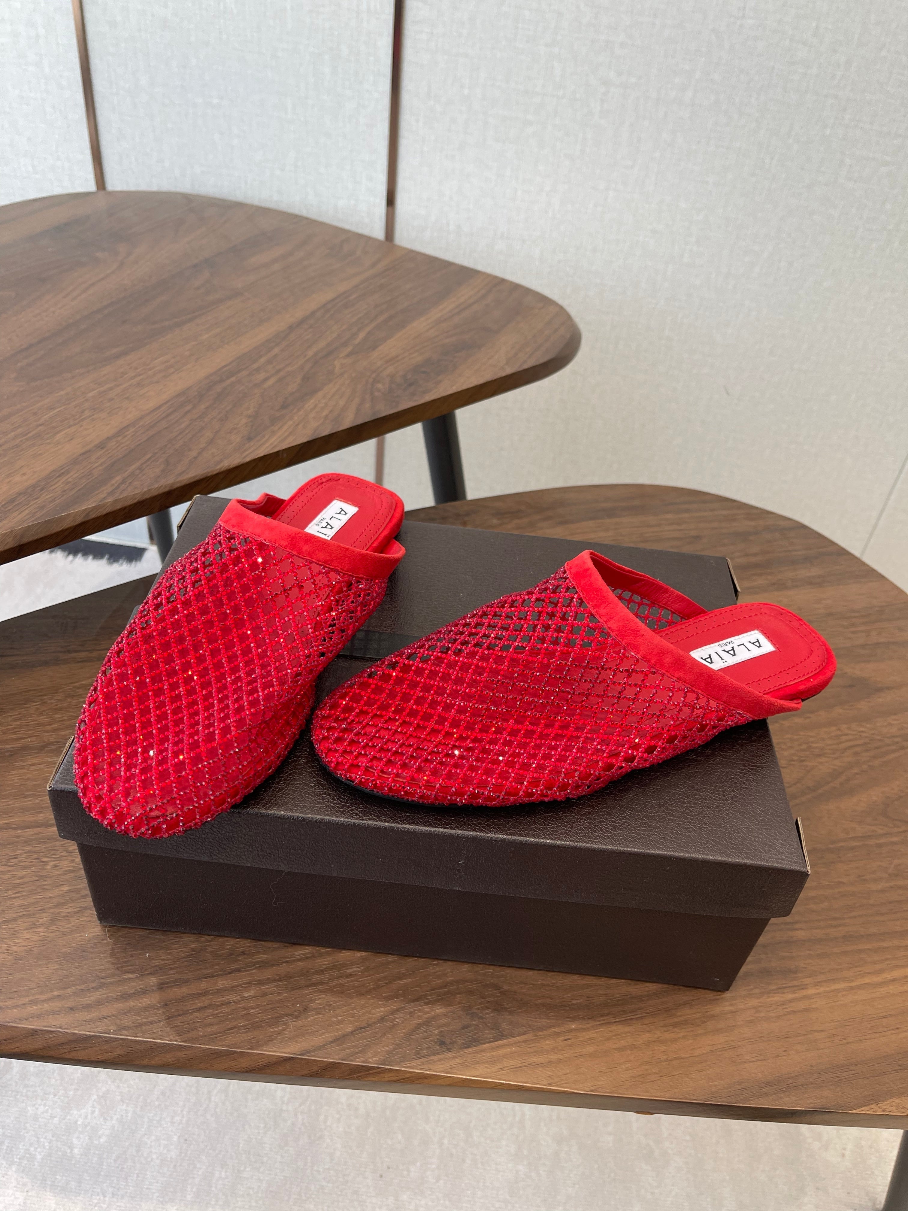 Alaia 26 Half-Slippers Red Mesh Rhinestones 624899