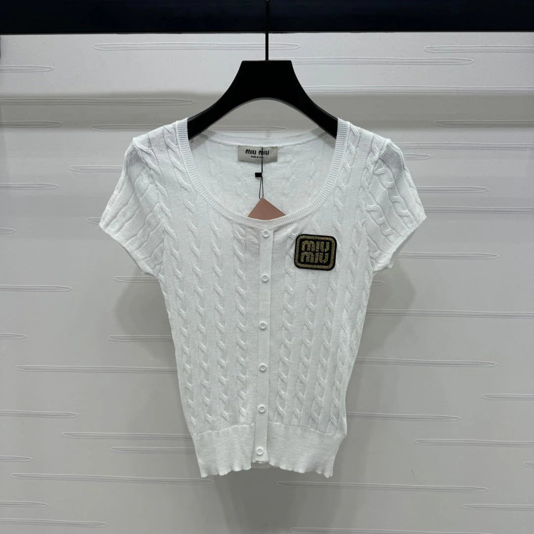MIUMIU U-NECK KNITTED SHORT-SLEEVE TOP WHITE 274946