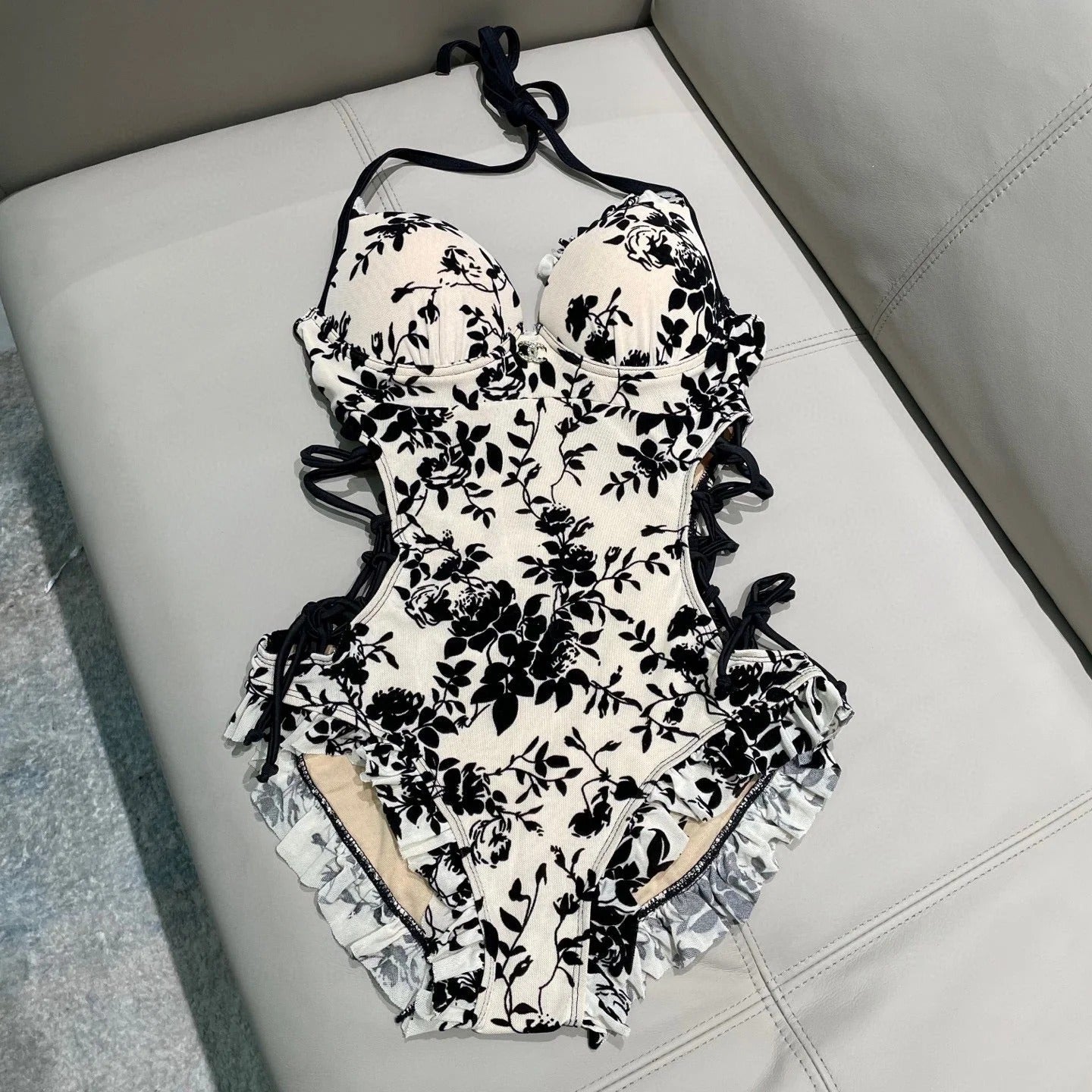 CC BIKINI SWIMSUIT SET IN IVORY MESH WITH BLACK VELVET FLORAL EMBROIDERY 622181