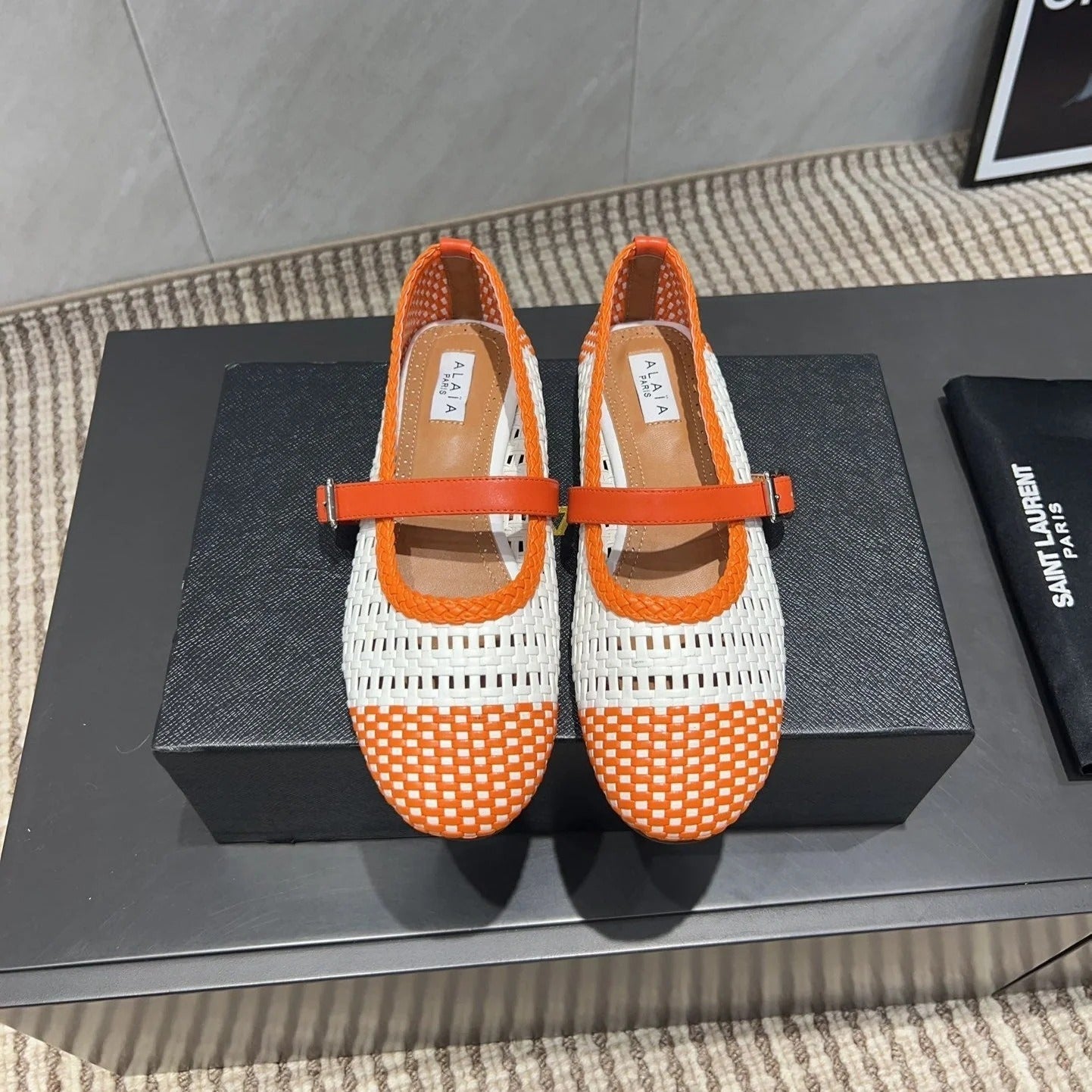 Alaia Mary Jane Flats Woven Pattern 25s In White Mix Orange Calfskin