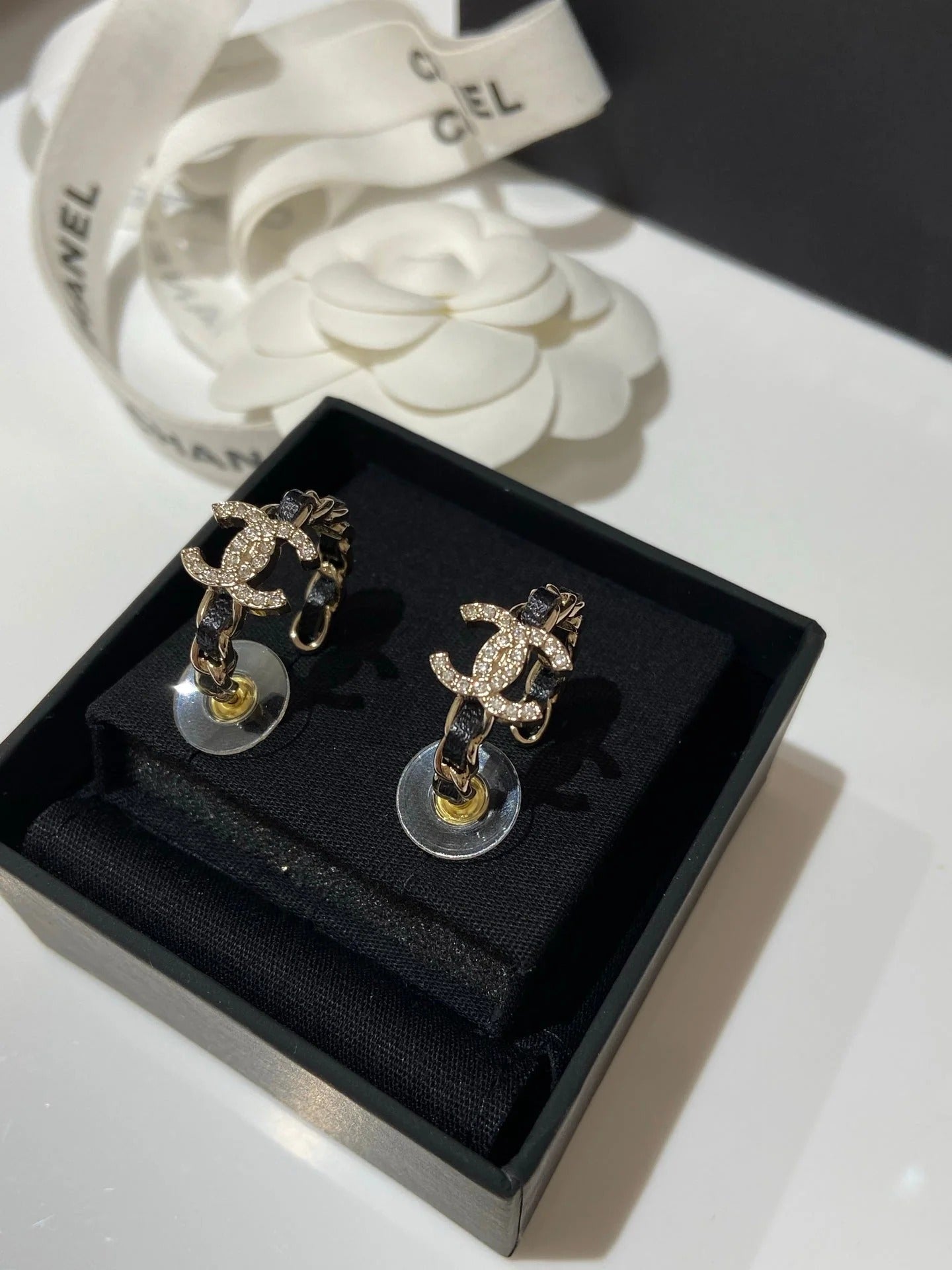 CC Half Circle Gold Black Leather Earrings