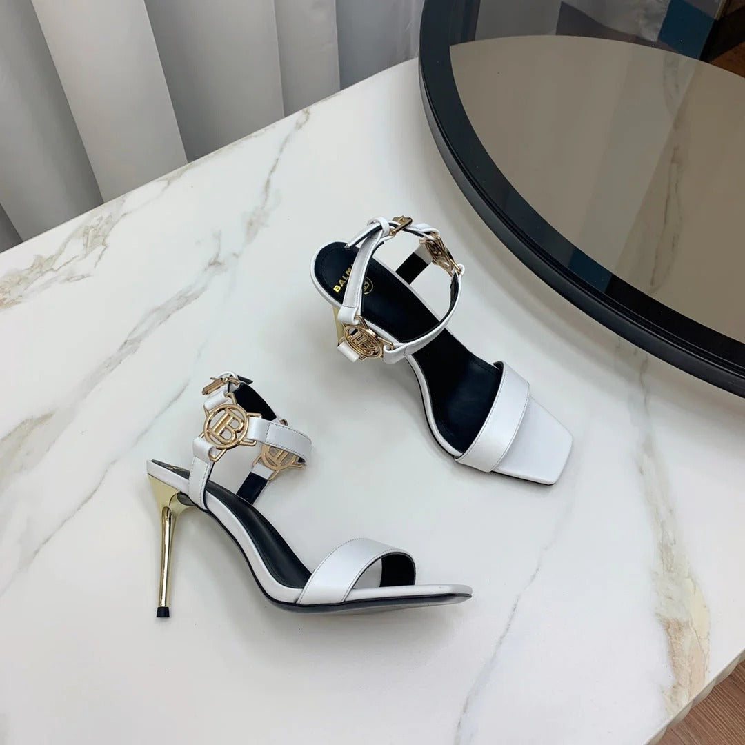 BALMAIN 25S HIGH HEELS WITH B METAL DETAIL 95MM IN LIGHT GRAY CALFSKIN