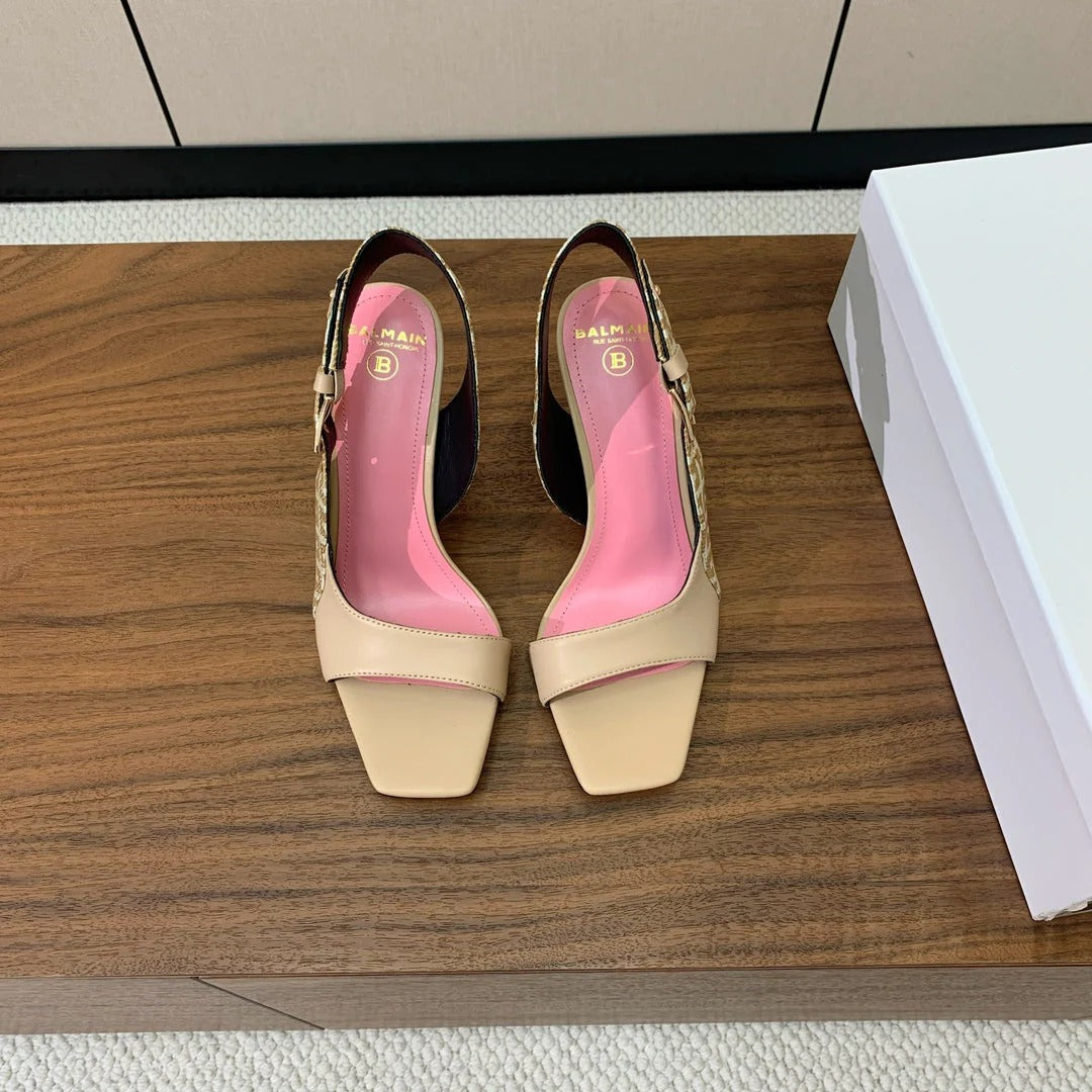 BALMAIN 25S JACQUARD KNIT SLINGBACK PUMPS 95MM IN BEIGE GRAY AND PINK CALFSKIN