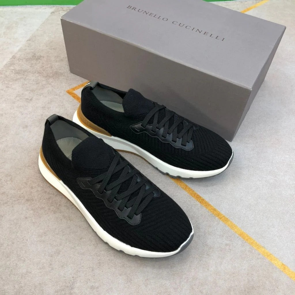 Brunello Cucinelli 2025 Low-top Knitted Sneakers Black Leather Fabric
