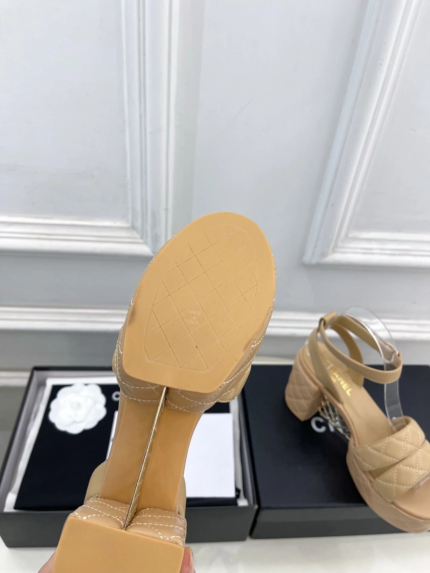 CC 26s HighHeeled Platform Sandals 85 Beige Sheepskin 631869