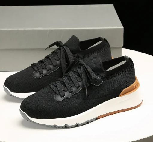 Brunello Cucinelli 2025 Low-top Knitted Sneakers Black Leather Fabric