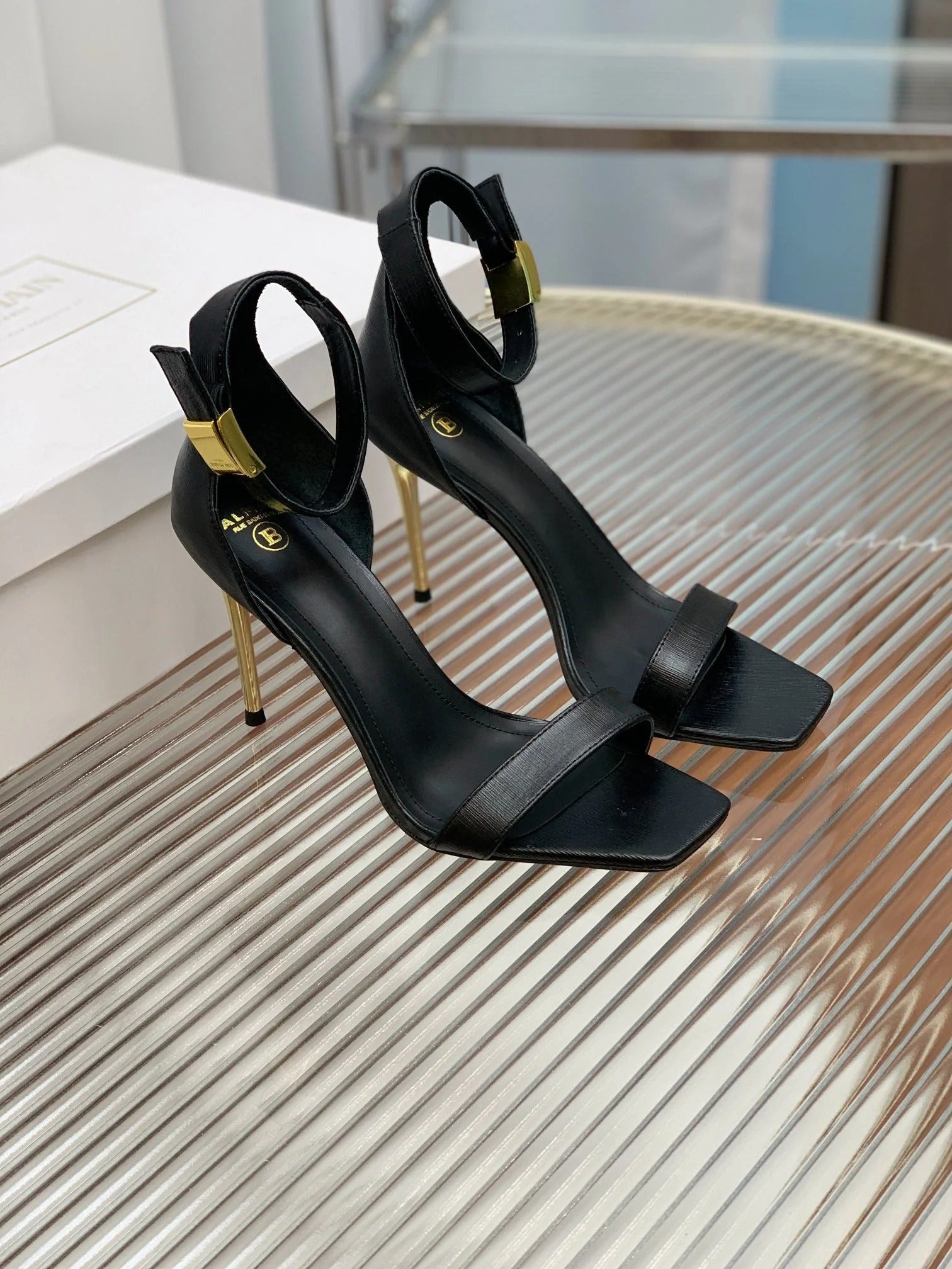 BALMAIN 25S METAL BUCKLE HIGH HEELS 95MM IN BLACK CALFSKIN