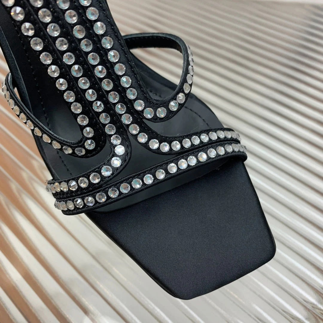 BALMAIN 25S MONETA SANDAL 95MM IN BLACK CALFSKIN WITH CRYSTAL