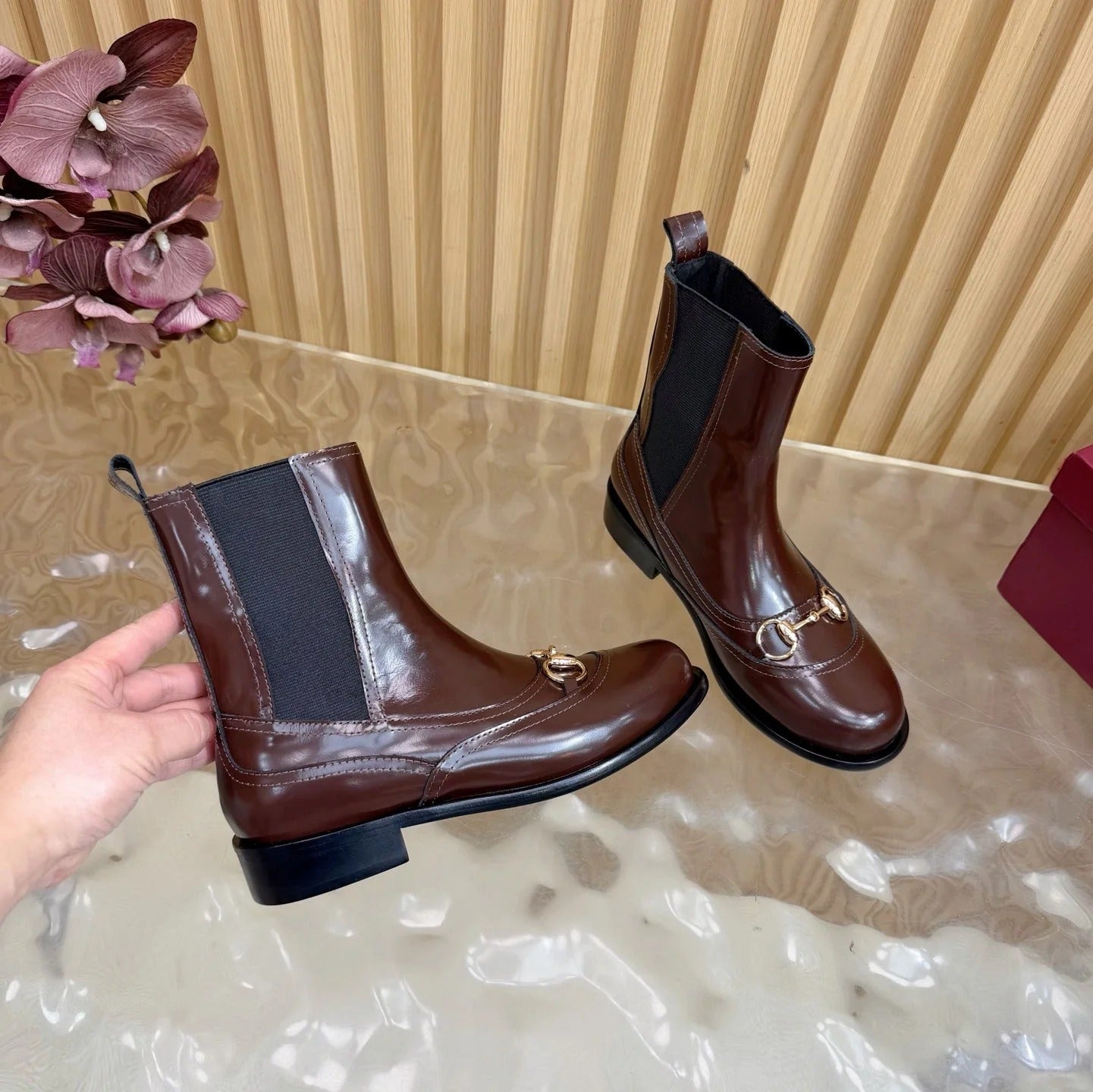 GG 26 Horsebit Martens Boots Glossy Brown Sheepskin 589467