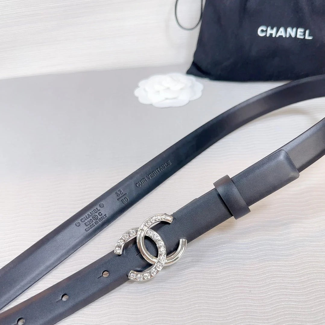 CC BELT 20 MM IN BLACK SMOOTH CALFSKIN SILVER HARDWARE ATTACH RHINSTONE
