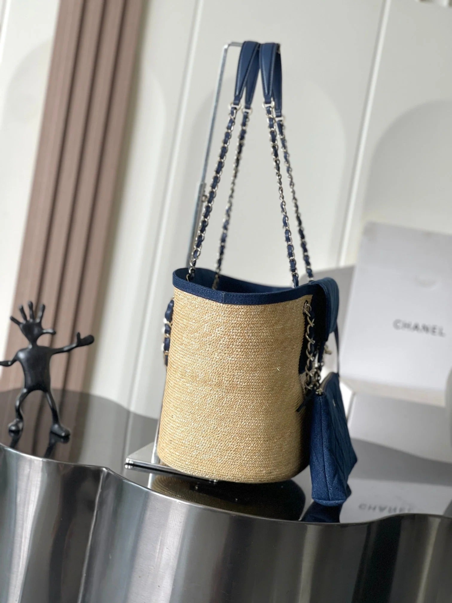 CC 2026 Deauville Bag 54cm Blue Beige Denim Straw