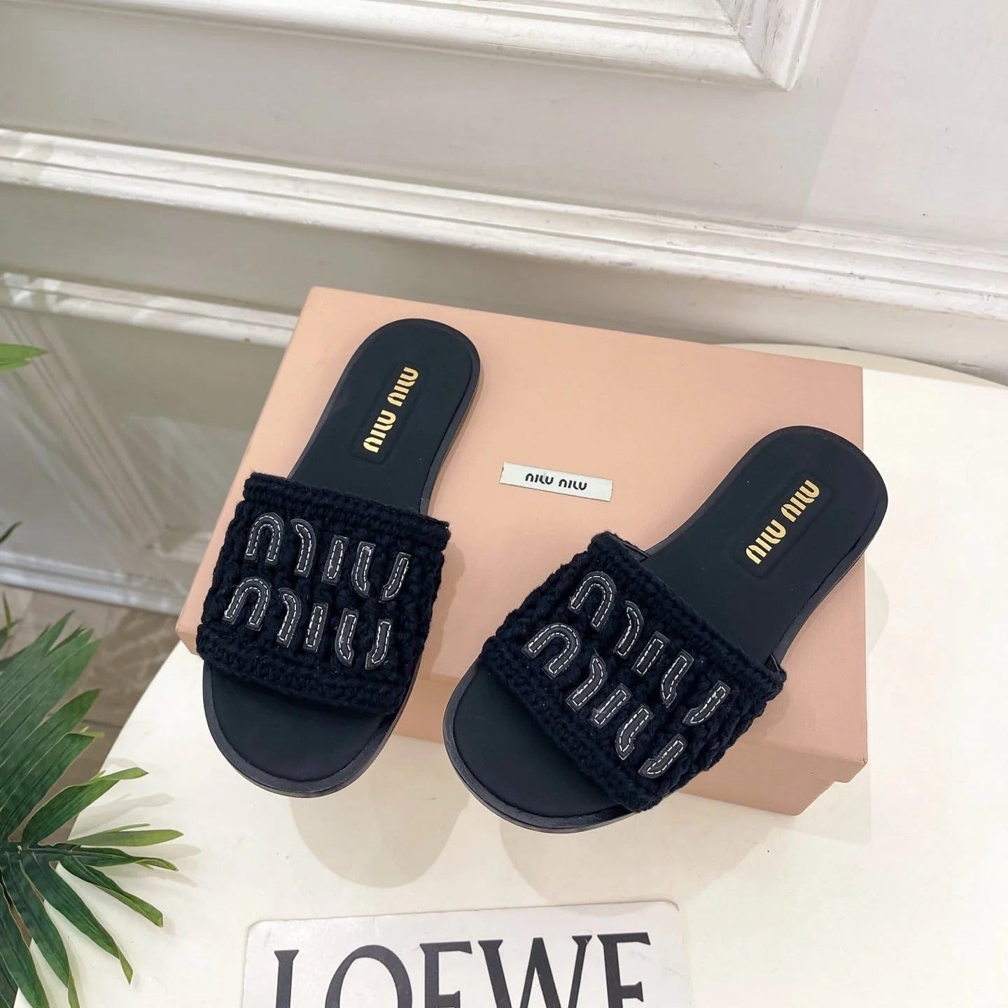 MIU Flat Slippers Black Knitted Fabric Sheepskin 631914
