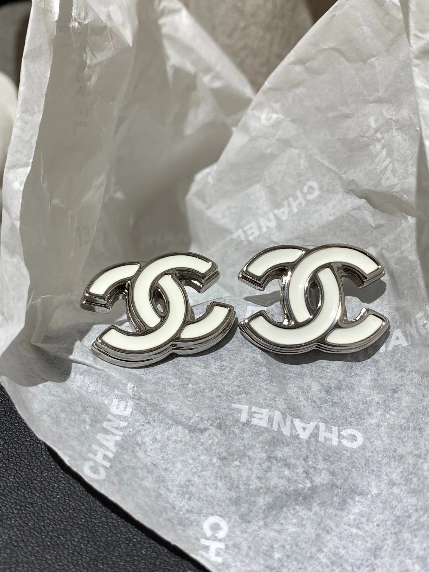 CC Classic White Sliver Enamel Double C Earrings