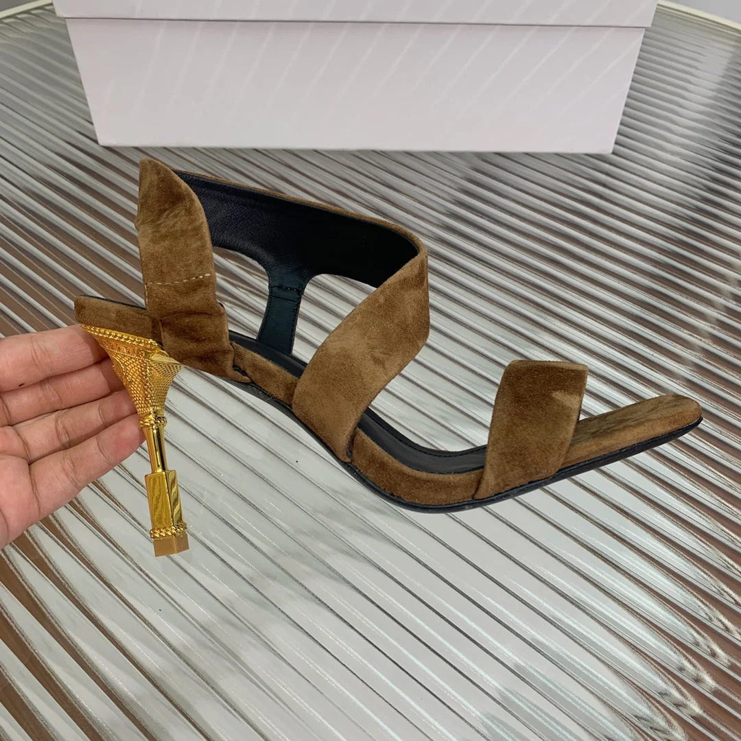 BALMAIN 25S HIGH HEEL SANDALS 95MM IN BROWN SUEDE