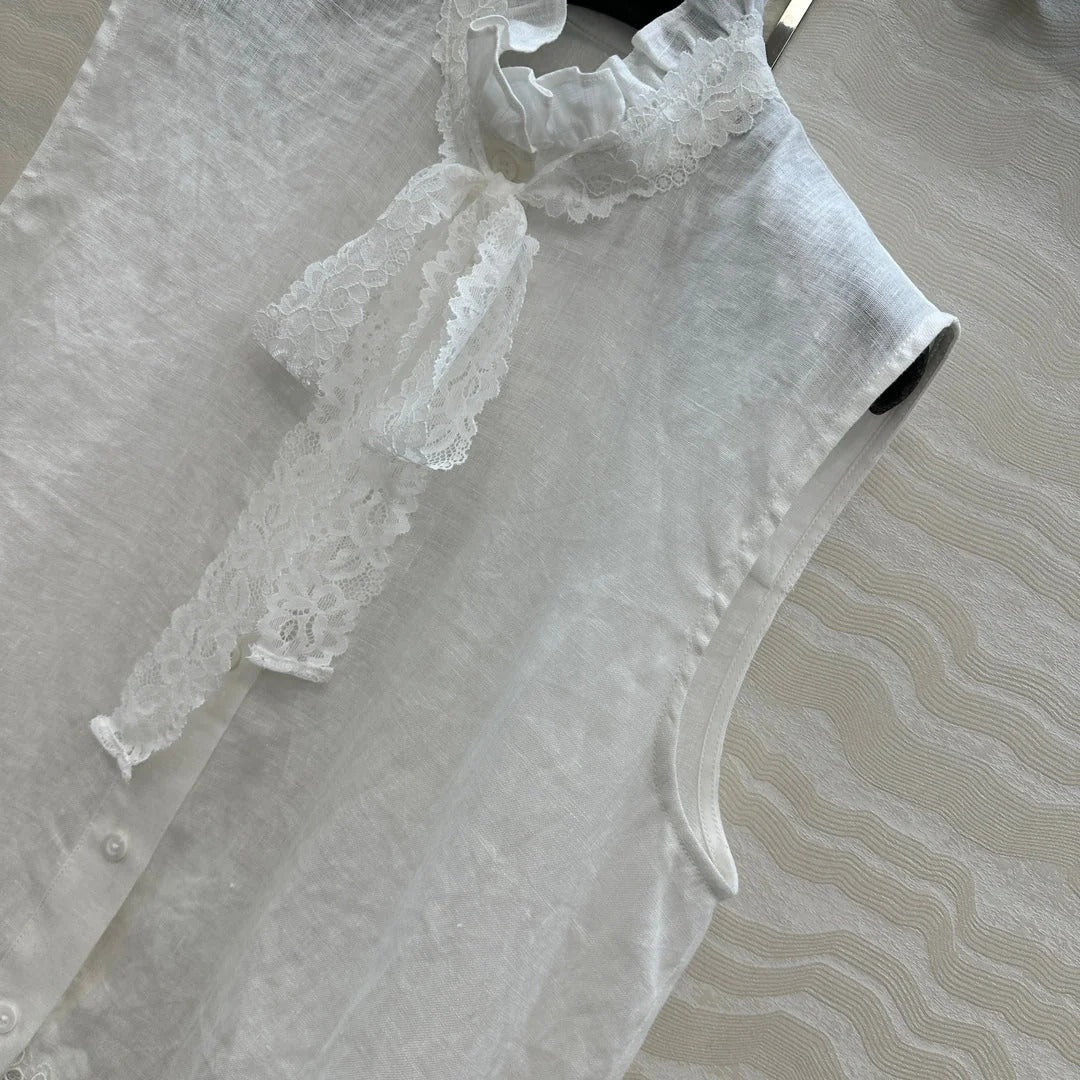 SLEEVELESS BLOUSE IN WHITE LINEN LACE TRIM AND NECK TIE