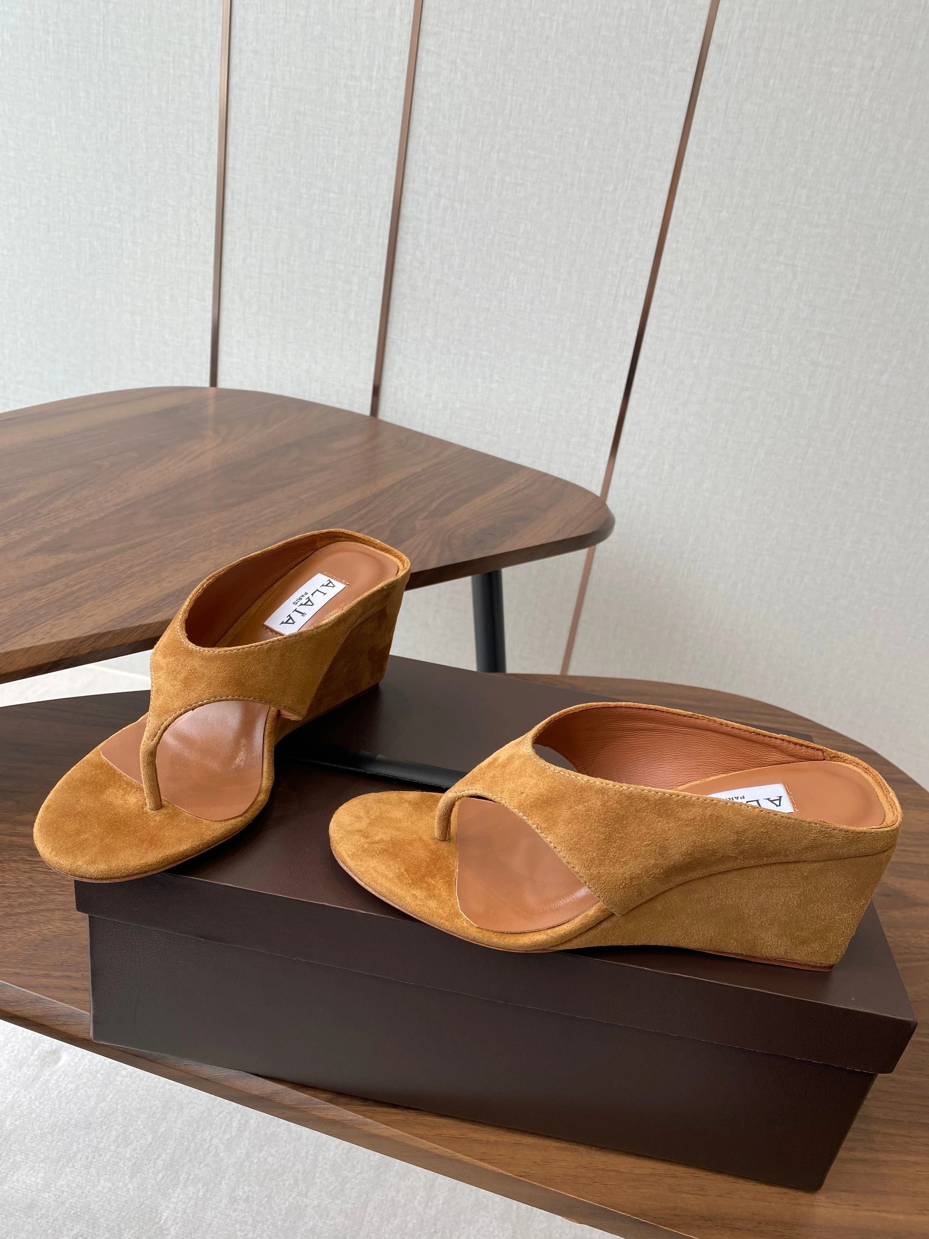 Alaia Wedge Thong Sandals 25s In Burnt Orange Suede