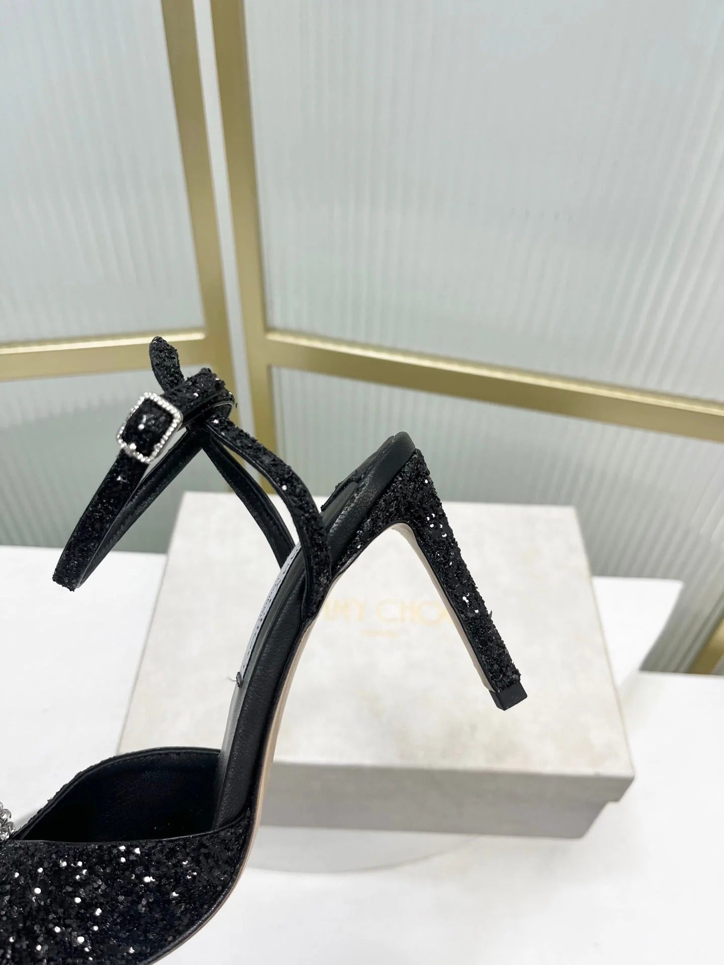 Jimmy 26s Peep-Toe High Heels 85 Black Lace Sheepskin 605975