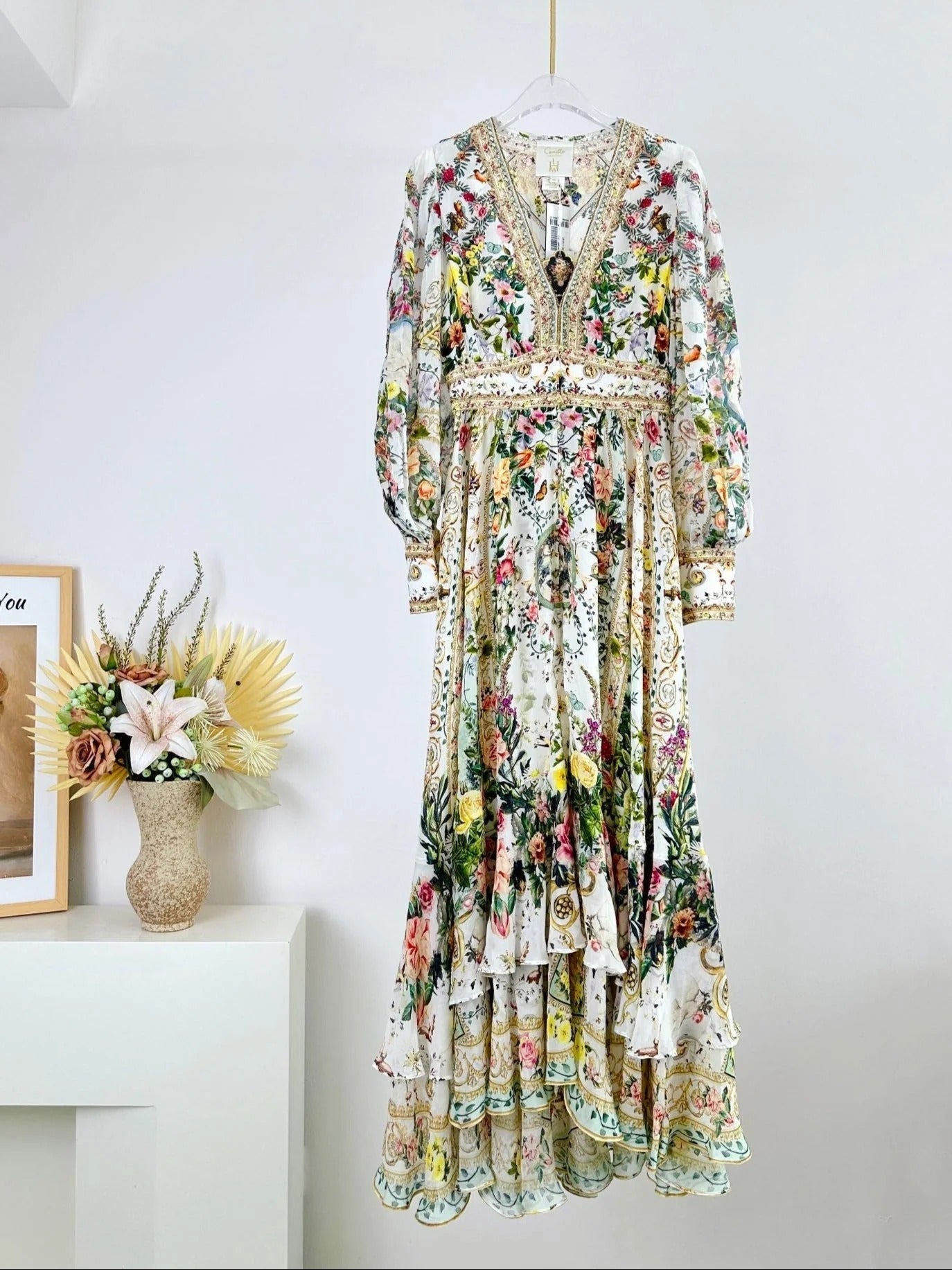 V-NECK LAYERED SILK PRINT MAXI DRESS