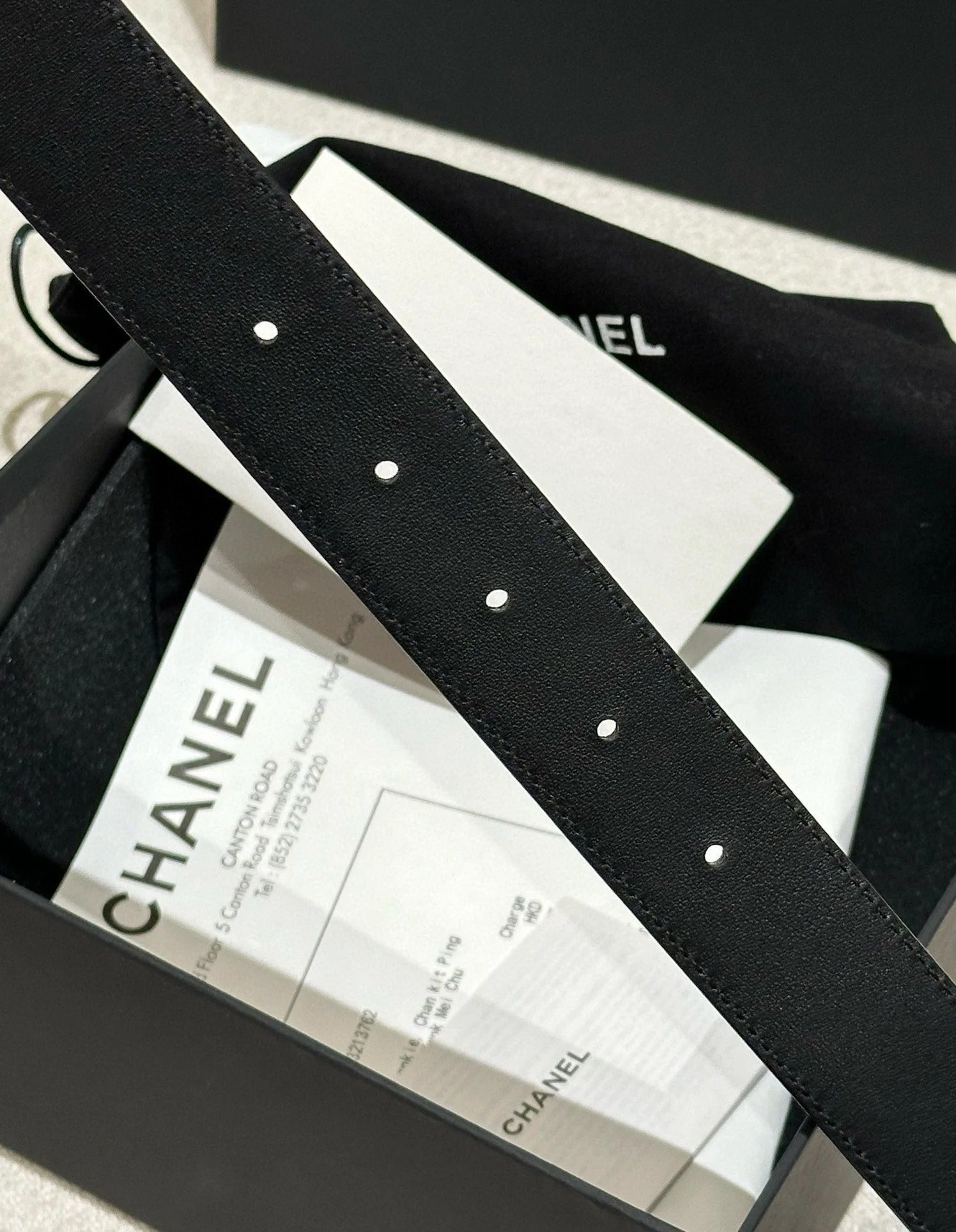 DOUBLE C BELT 30MM IN BLACK CALFSKIN EMBOSSED LOGO GOLD BUCKLE