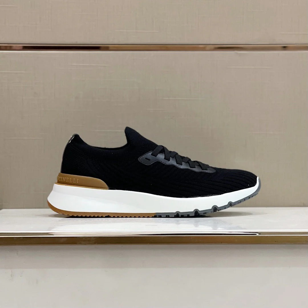 Brunello Cucinelli 2025 Low-top Knitted Sneakers Black Leather Fabric