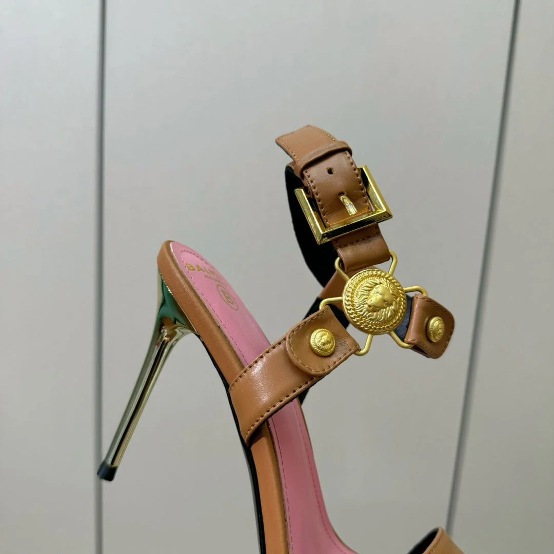 BALMAIN 25S HEELED EVA SANDALS 95MM IN BROWN AND PINK CALFSKIN