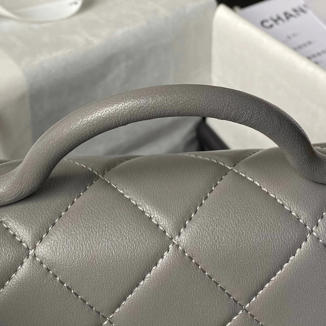 CC  25S FLAP BAG 18 CM IN DARK GREY LAMBSKIN WITH TOP HANDLE