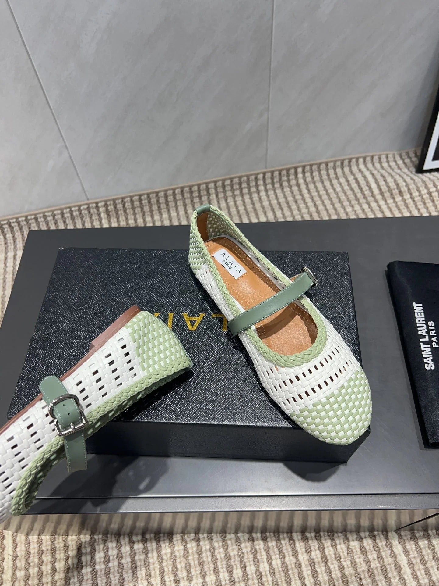 Alaia Mary Jane Flats Woven Pattern 25s In White Mix Pastel Green Calfskin