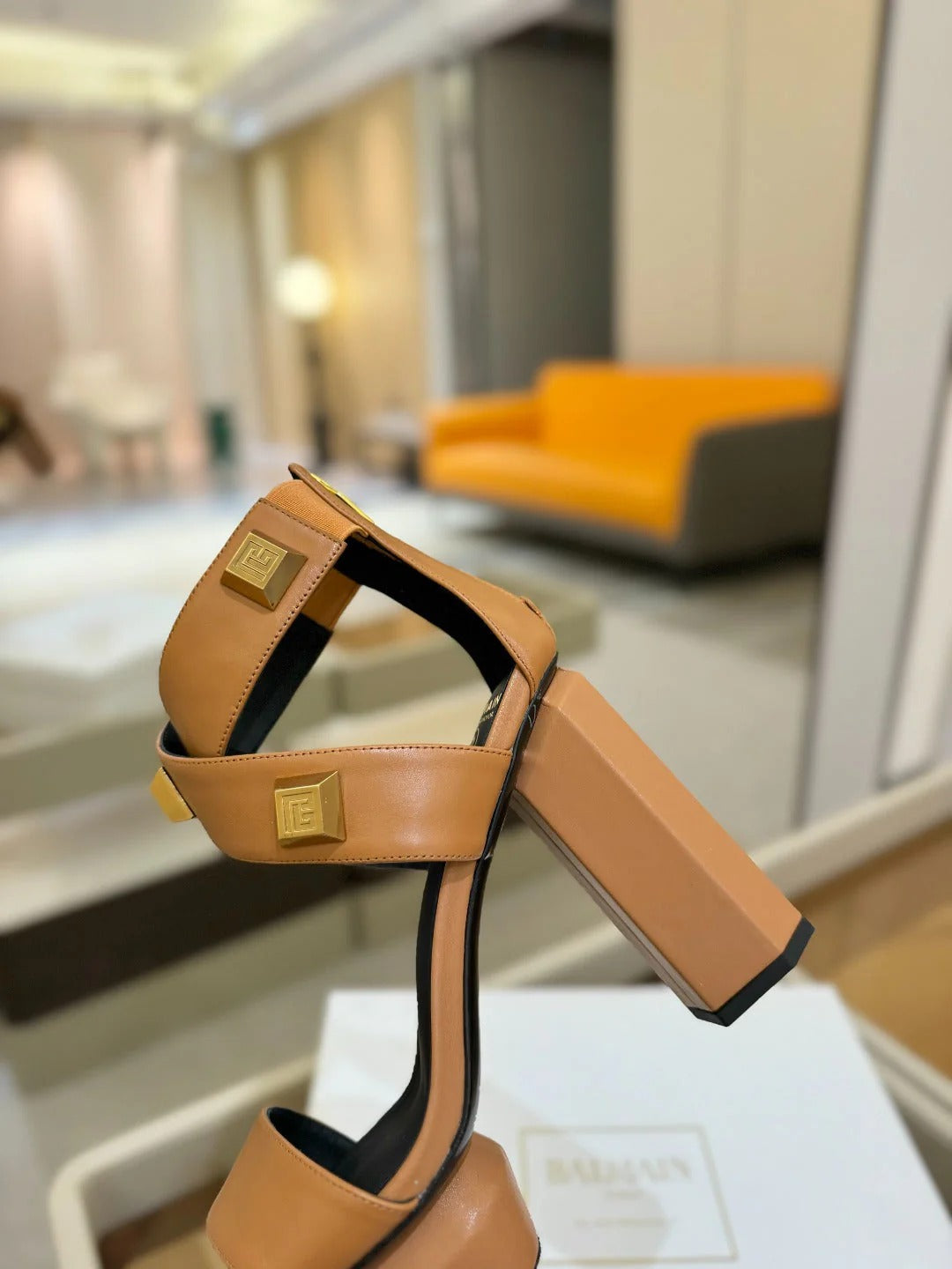 BALMAIN 25S WEDGE HEELS 105MM IN DARK BROWN CALFSKIN GOLD HARDWARE