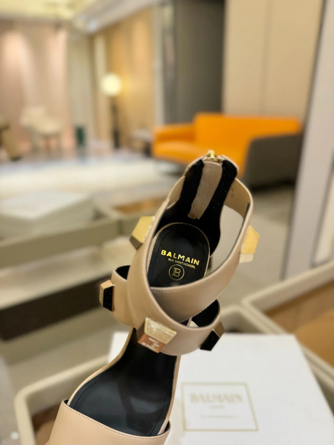 BALMAIN 25S WEDGE HEELS 105MM IN BEIGE CALFSKIN GOLD HARDWARE