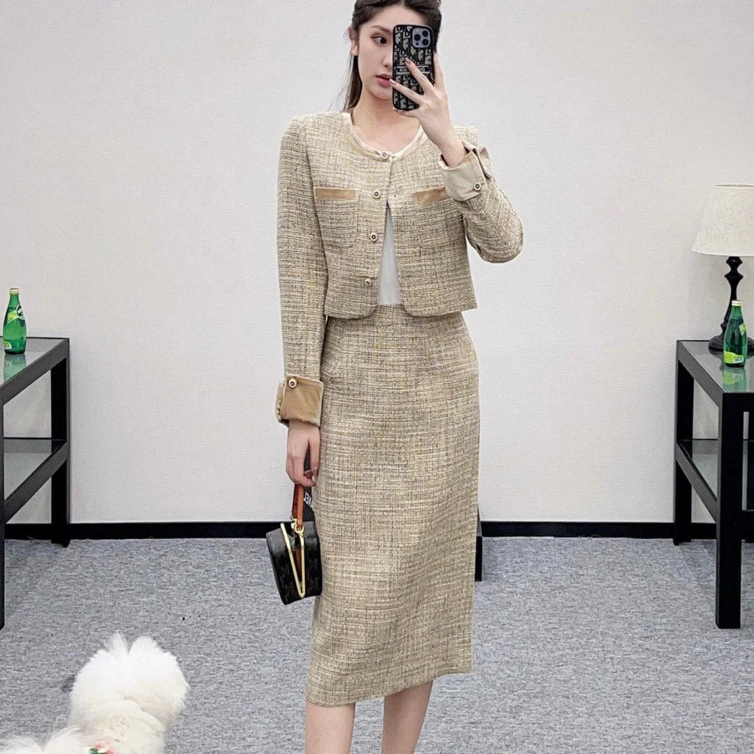 CHANEL 25S VELVET-TRIM JACKET AND SKIRT SET 398