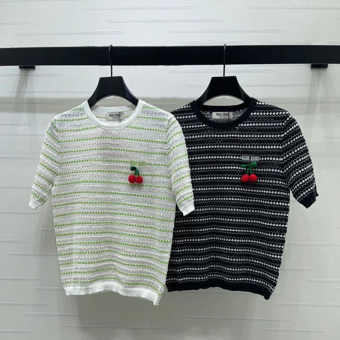 Miumiu 2026 Cherry-embroidered Knitted Shirt Tencel Nylon