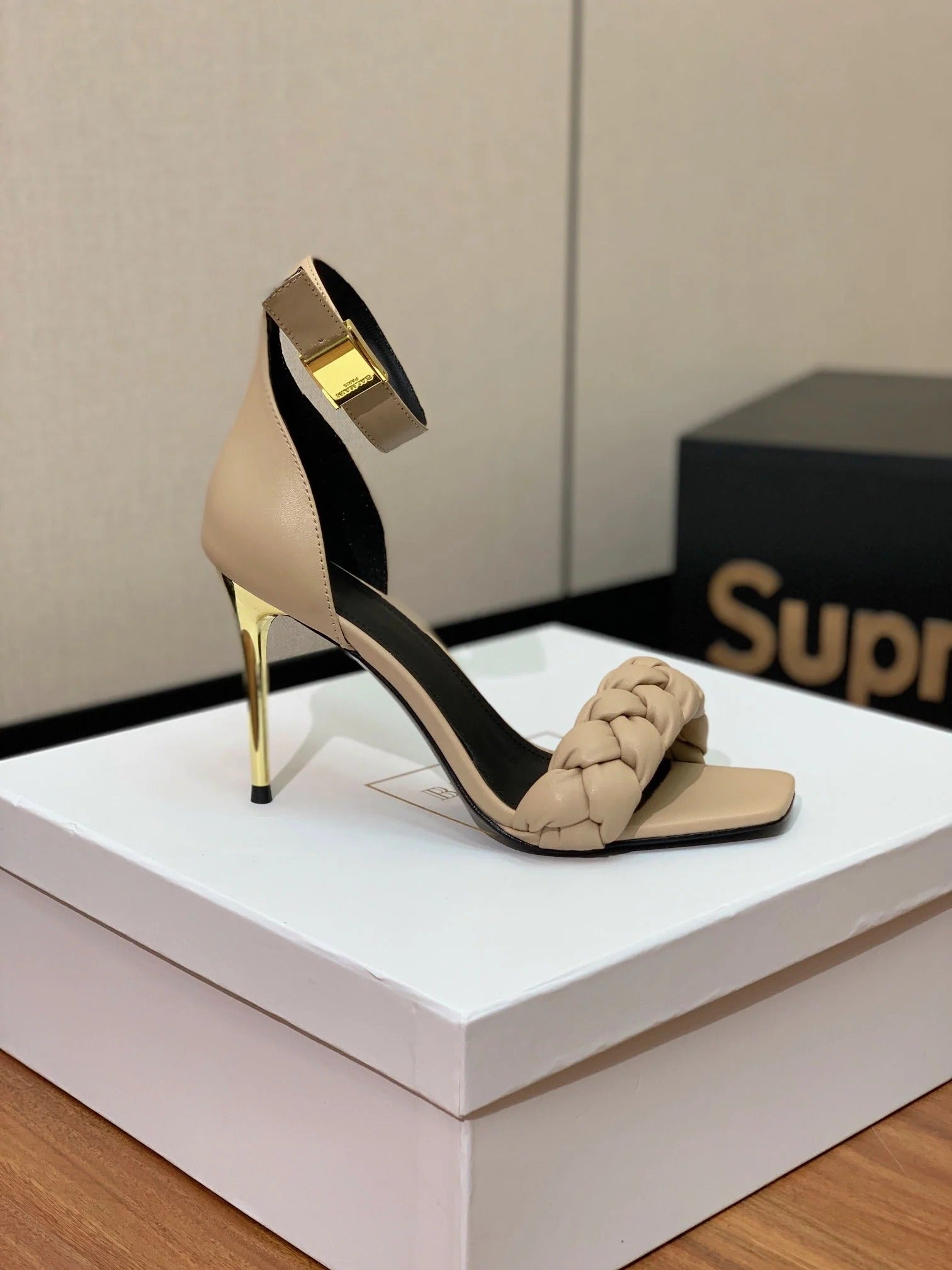 BALMAIN 25S ANKLE STRAP HIGH HEEL 95MM IN BEIGE GRAY CALFSKIN