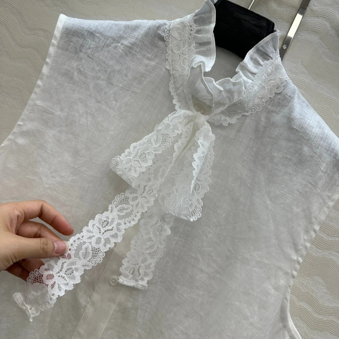 SLEEVELESS BLOUSE IN WHITE LINEN LACE TRIM AND NECK TIE
