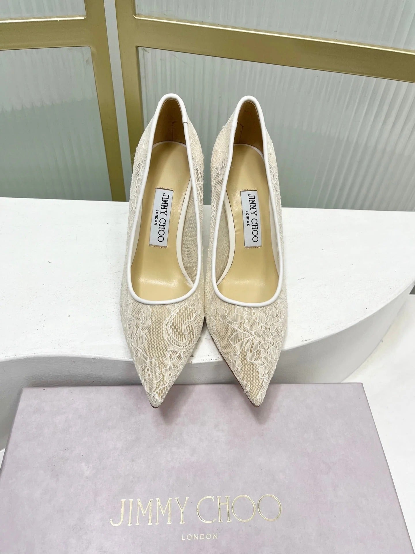 Jimmy 26s Heel Pump 85 Ivory Beige Lace Sheepskin 605950