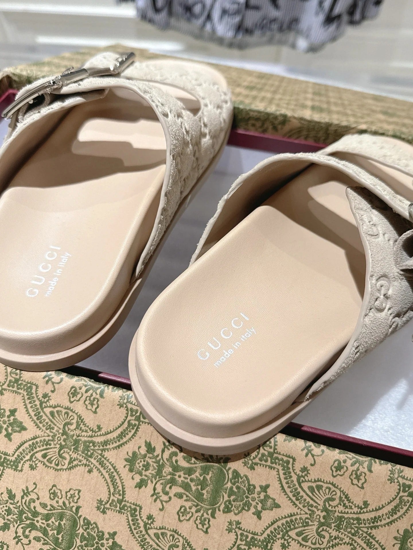 SANDALS IN NUDE BEIGE SUEDE EMBOSSED LOGO SILVER HARDWARE